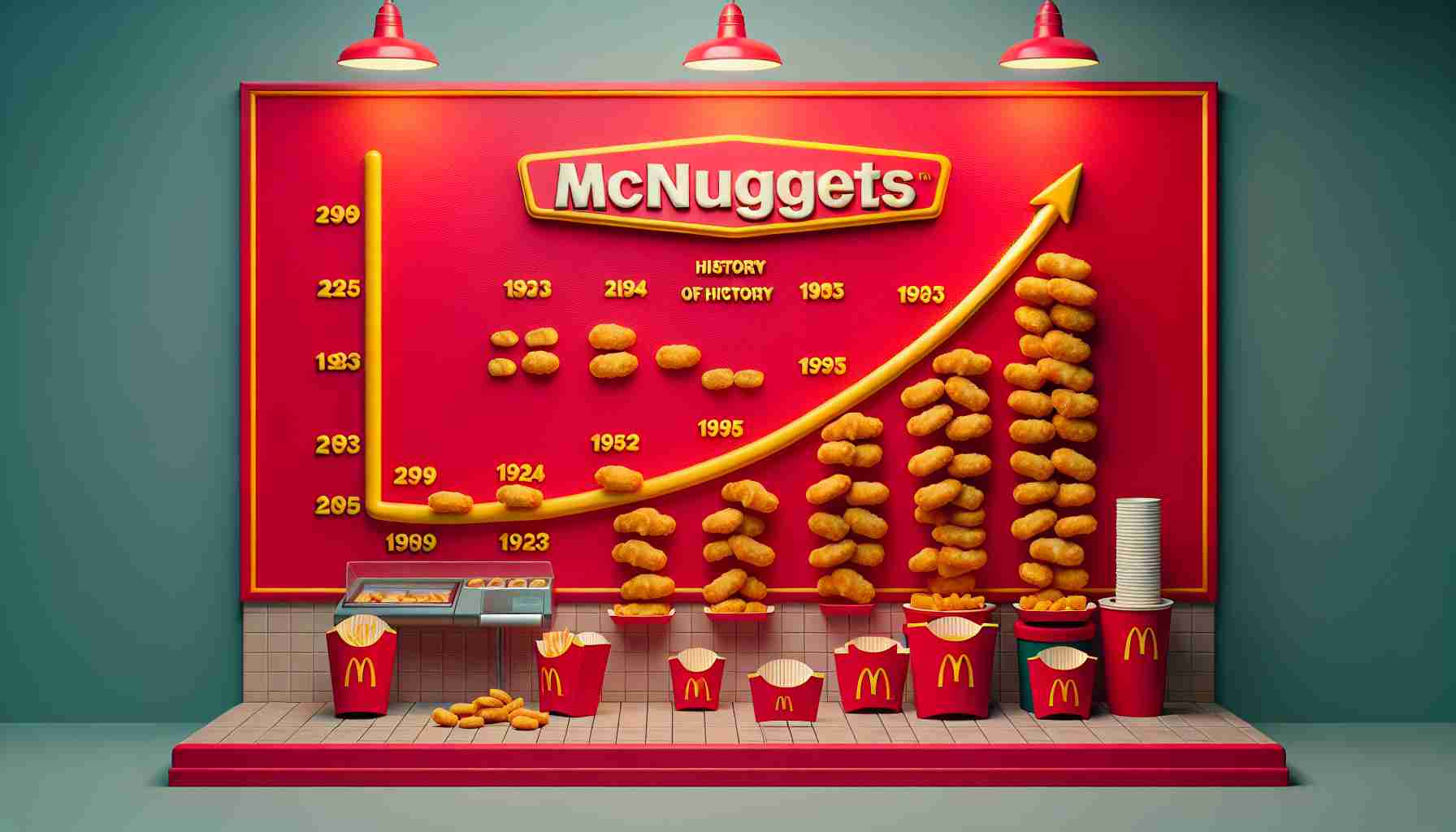 Generate a high-definition image depicting the history of McNuggets pricing at McDonald's. Show a progression with years and prices expressed in an informative and engaging way. The scenery should be set at a classic McDonald's restaurant with red and yellow colours dominant in the design. Also, include the McNuggets in various stages of preparation.