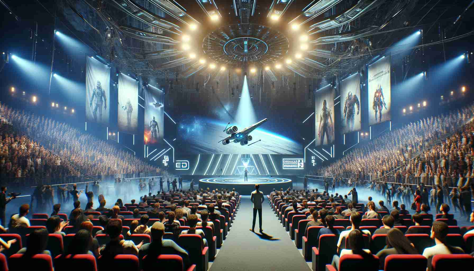 High-definition, realistic depiction of the premiere of a thrilling sequel of a science-fiction videogame. Capture the excitement and grandeur of the event, while visually conveying mixed reactions and opinions. Please represent a large crowd, various stations for game play, dramatic lighting, and promotional banners. Include instances of enthusiastic lightheartedness alongside contemplative seriousness to depict the mixed opinions. Do not include logos or other copyrighted material.