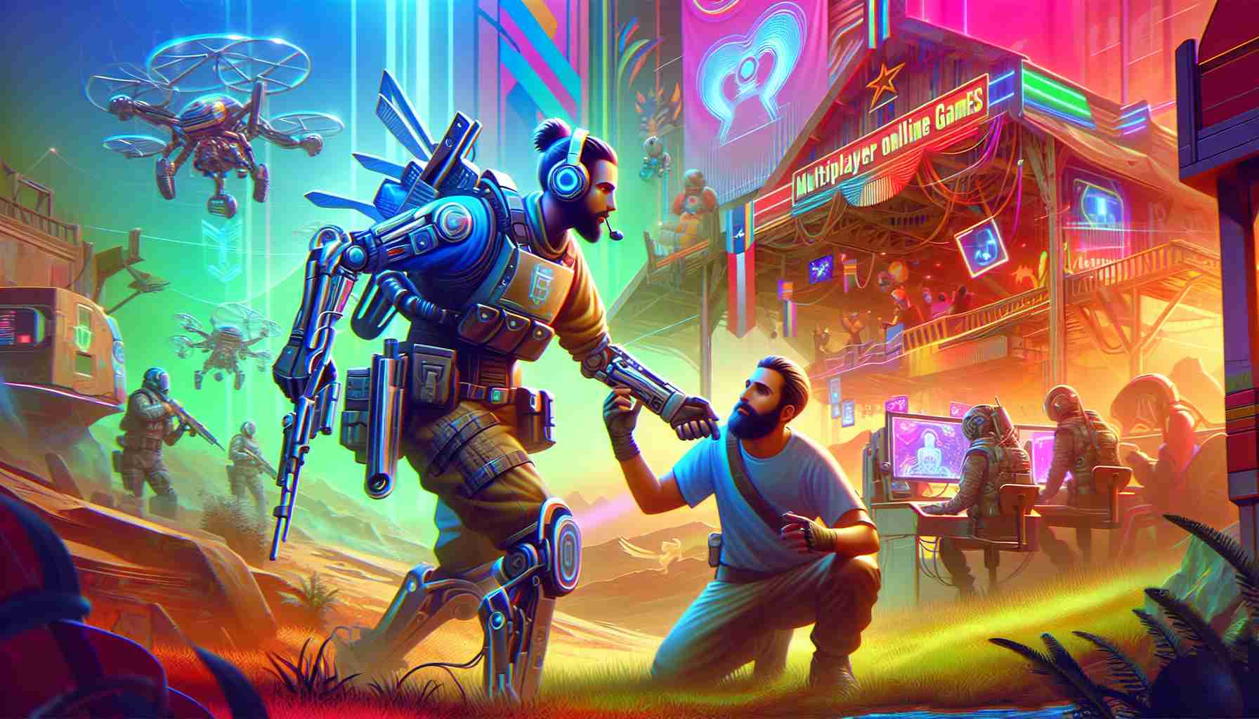 High definition, realistic illustration of a stylized gaming character engaged in goodwill actions inspired by multiplayer online games. Please depict this character in a vibrant, colorful environment with futuristic elements. The character should be equipped with non-specific battle gear and engaging in cooperative actions, such as helping a companion up. The settings should involve imaginative structures and contraptions not existing in our current reality, yet plausible enough to be immersive.