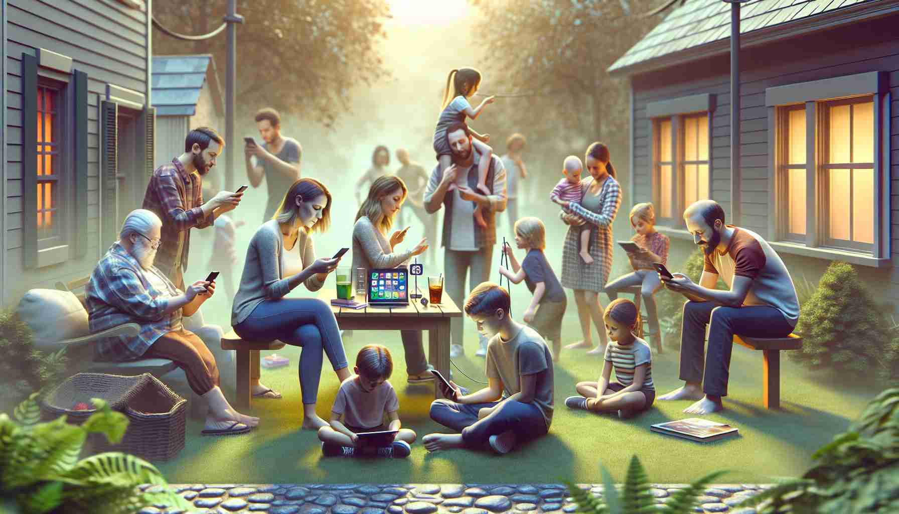 Generate a realistic HD image depicting the concept of limiting smartphone and social media use for the protection of children. It should include a scene where parents or guardians are engaged in constructive alternatives to screen time, such as outdoor games or reading, including a diverse set of people in terms of gender and descent. Immerse the viewer in a warm familial environment demonstrating balance and limited technology use. The image should convey urgency but also a sense of achievable balance.