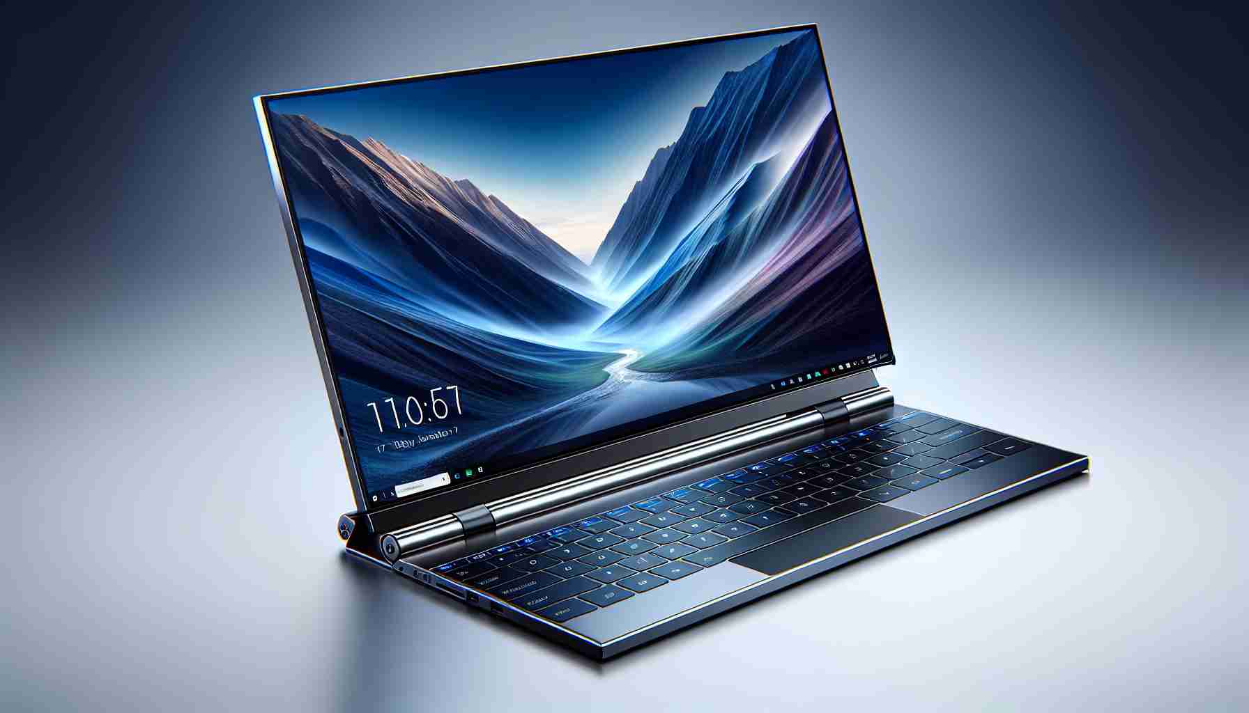 A high-definition, realistic image of a 17-inch foldable laptop, displaying its sleek design, modern aesthetics, compact size when folded, and its usability when unfolded. The picture should highlight its key features like the screen, keyboard, ports and the overall form factor.