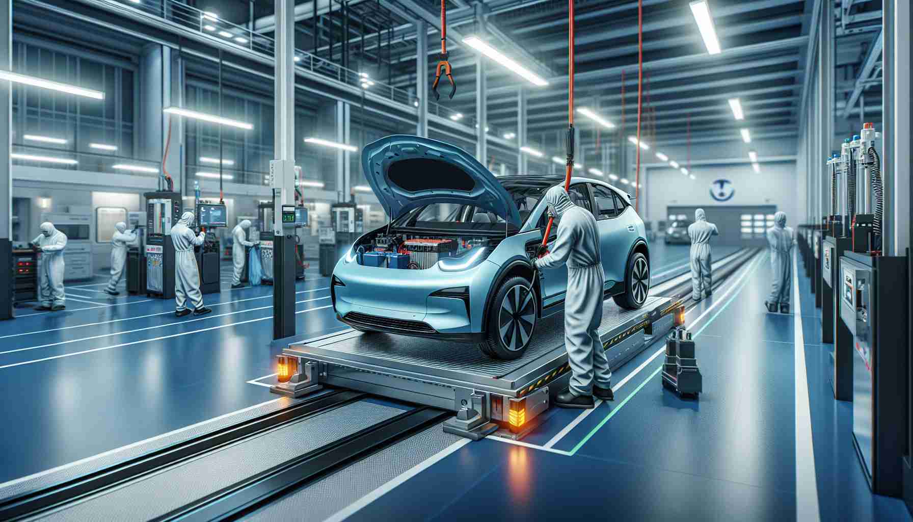 Realistic high-definition image of an electric vehicle battery swapping process. The scene takes place at a modern, well-equipped facility, showcasing the battery being swiftly and safely removed from the vehicle, and a new one installed in its place. The facility utilizes the latest technology for efficient battery replacement, supporting quick, convenient, and safe charging for electric vehicles. Engineers in protective gear are seen meticulously carrying out the procedure as safety guidelines are strictly adhered to.