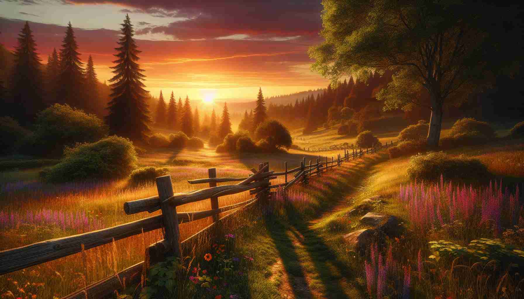 Realistic high-definition image of a serene natural landscape at sunset with the golden hues of the setting sun casting long shadows across a peaceful meadow. In the foreground, there's a weathered wooden fence crossing the grassy field dotted with colorful wildflowers. A narrow footpath winds its way through the meadow, leading to a dense forest whose edge is visible in the distance. Above, the sky is a breathtaking mix of fiery oranges, deep purples, and soft pinks. The entire scene radiates a calm and peaceful aura.