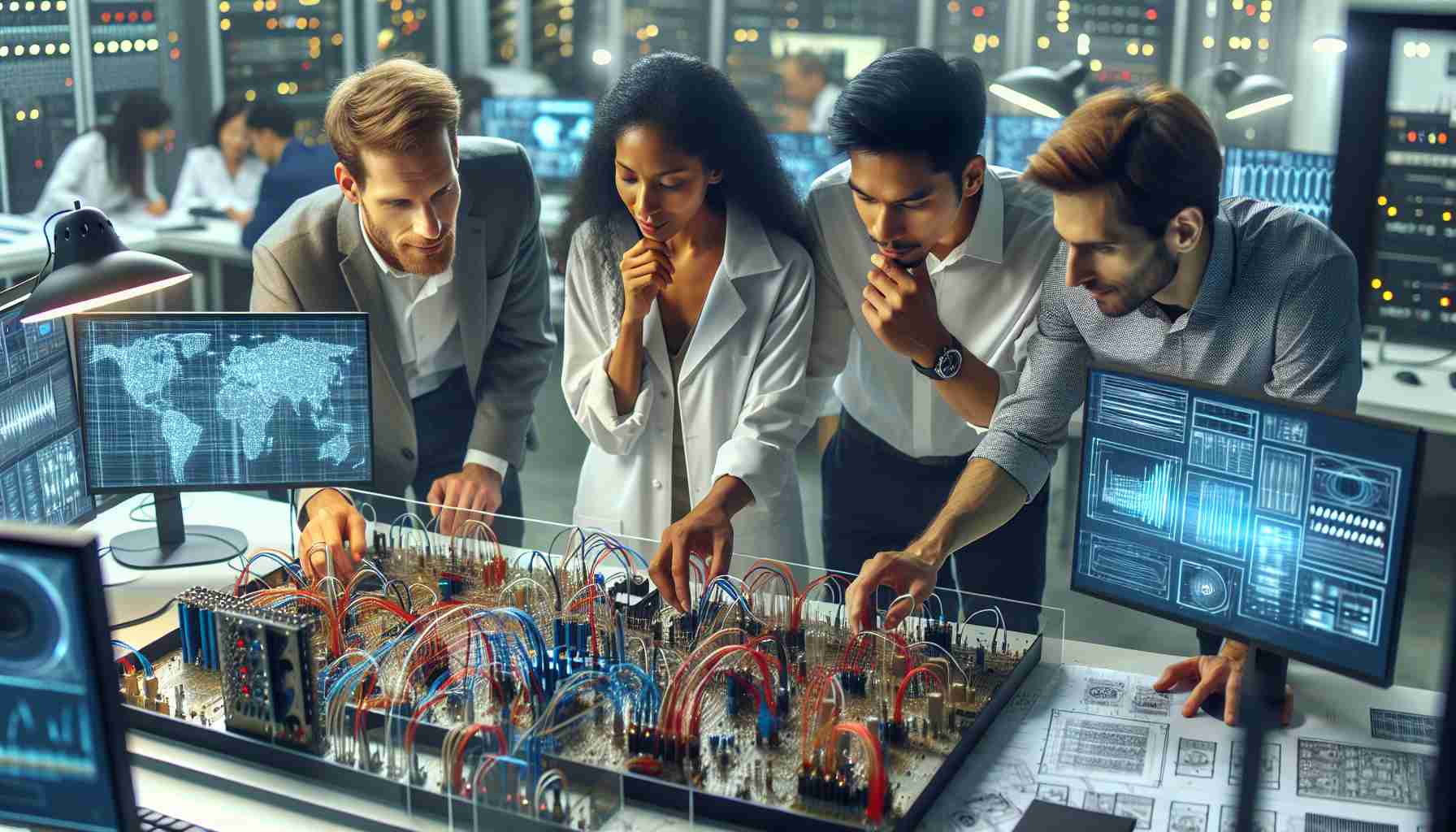 Create a realistic high-definition image representing technological innovation within an audio team. Picture a group of diverse individuals, possibly a Caucasian man, Black woman, and a South Asian man, in a hi-tech lab or work environment. They are deeply engaged in the development of new audio technologies, surrounded by cutting-edge devices, prototypes, and blueprints for innovative audio equipment.