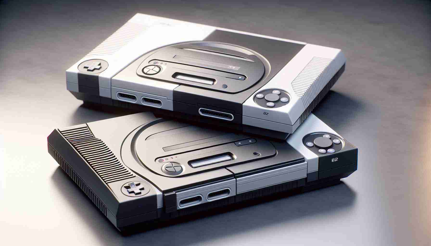 A high-definition, realistic image depicting a pair of hidden gems from the history of video games. The subject of the image is two unreleased game consoles, which intriguingly tease what could have been in an alternate gaming timeline. Each console should be unique and bear no resemblance to any specific real models or brands, but reflect the design aesthetics and technology of their imagined era. The consoles are set against a neutral background that allows their unique features to stand out.