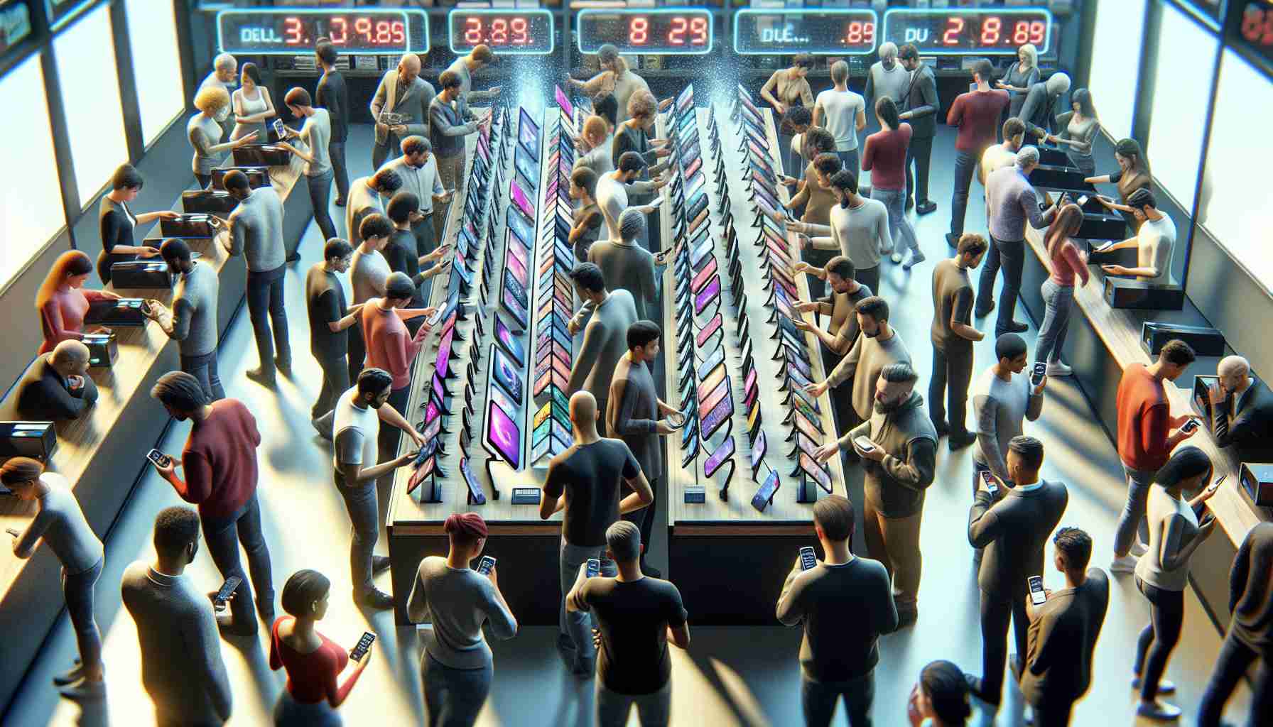 A high-definition realistic photo showcasing a bustling secondhand smartphone market. Several customers and vendors, who are a mix of genders and descents like Caucasian, Black, Hispanic, and Middle-Eastern, are engaged in buying and selling preloved smartphones of different brands and models. The smartphones are neatly displayed on the counters, showing off their refurbished shine. Digital price tags flash with the prices of each smartphone, indicating their affordable cost compared to brand new models. There is a visible aura of excitement and dynamism in the air, reflecting the growing popularity of the used and refurbished smartphone market.