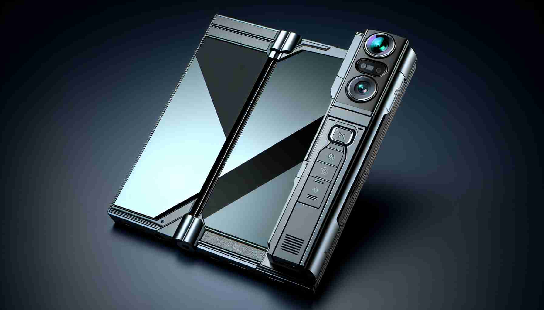 Create a highly-detailed, realistic image of a futuristic flip smartphone. It should have a sleek design signifying a new era of photography and power without any logos or specific brand names attached to it. It should contain contemporary features like a large, crisp display when unfolded, sleek buttons, and advanced camera hardware, signifying its superiority in photography.