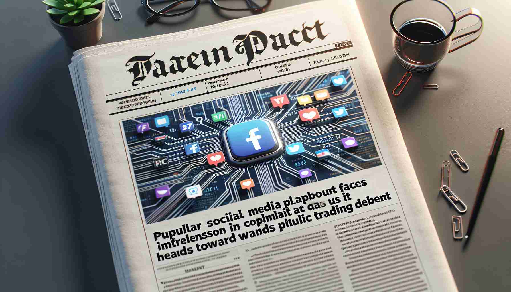 A high-definition, realistic image of a physical newspaper article headline stating 'Popular Social Media Platform Faces Patent Infringement Complaint as it Heads Towards Public Trading Debut.'
