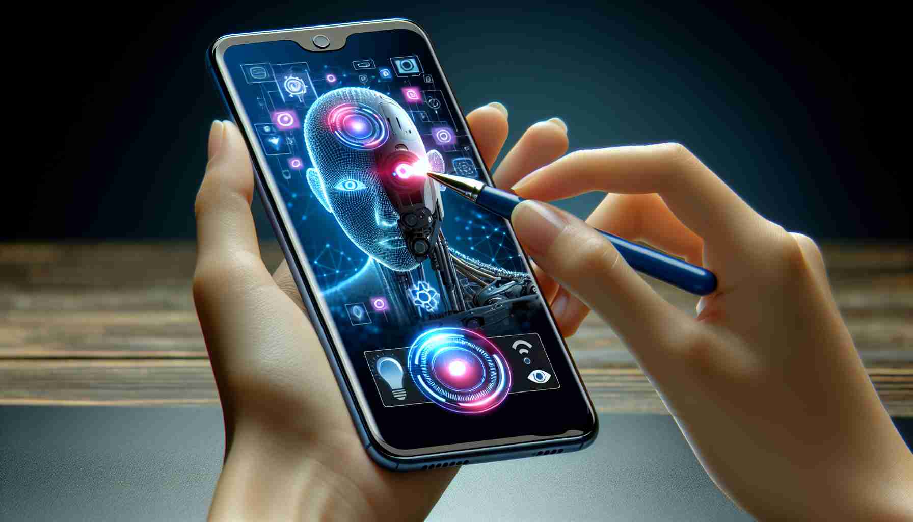 Create a high-definition, realistic image that showcases what it might look like to use the artificial intelligence features on an advanced, cutting-edge smartphone.