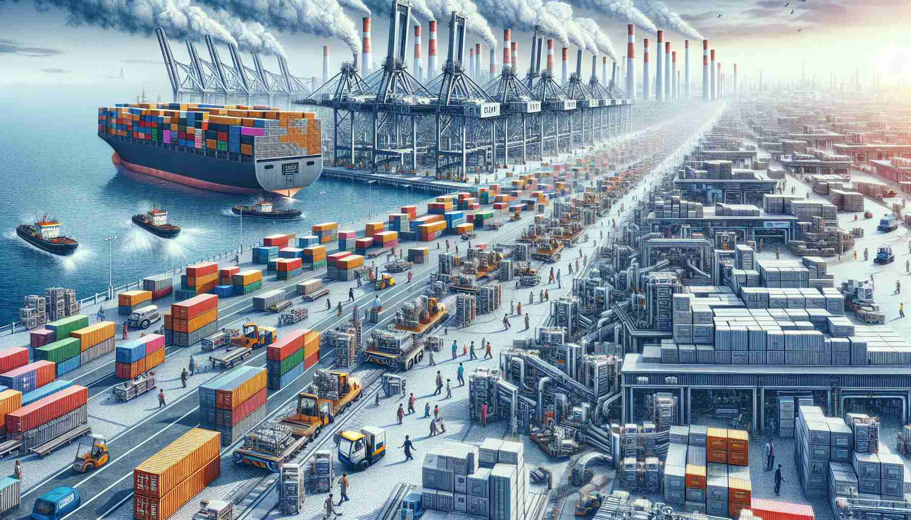 A high-definition realistic photograph that represents Tamil Nadu as a leader in the exportation of electronic goods in India. Illustrate an expansive view of the state with bustling ports laden with crates of electronic goods ready for export, labels on the crates indicating their contents. Include a technologically advanced environment, with large factories in the background showing assembly lines, workers of varying descents and genders working diligently in the production of these electronic goods. Don't forget the markings of Tamil Nadu, such as local architecture and nature elements in the periphery.