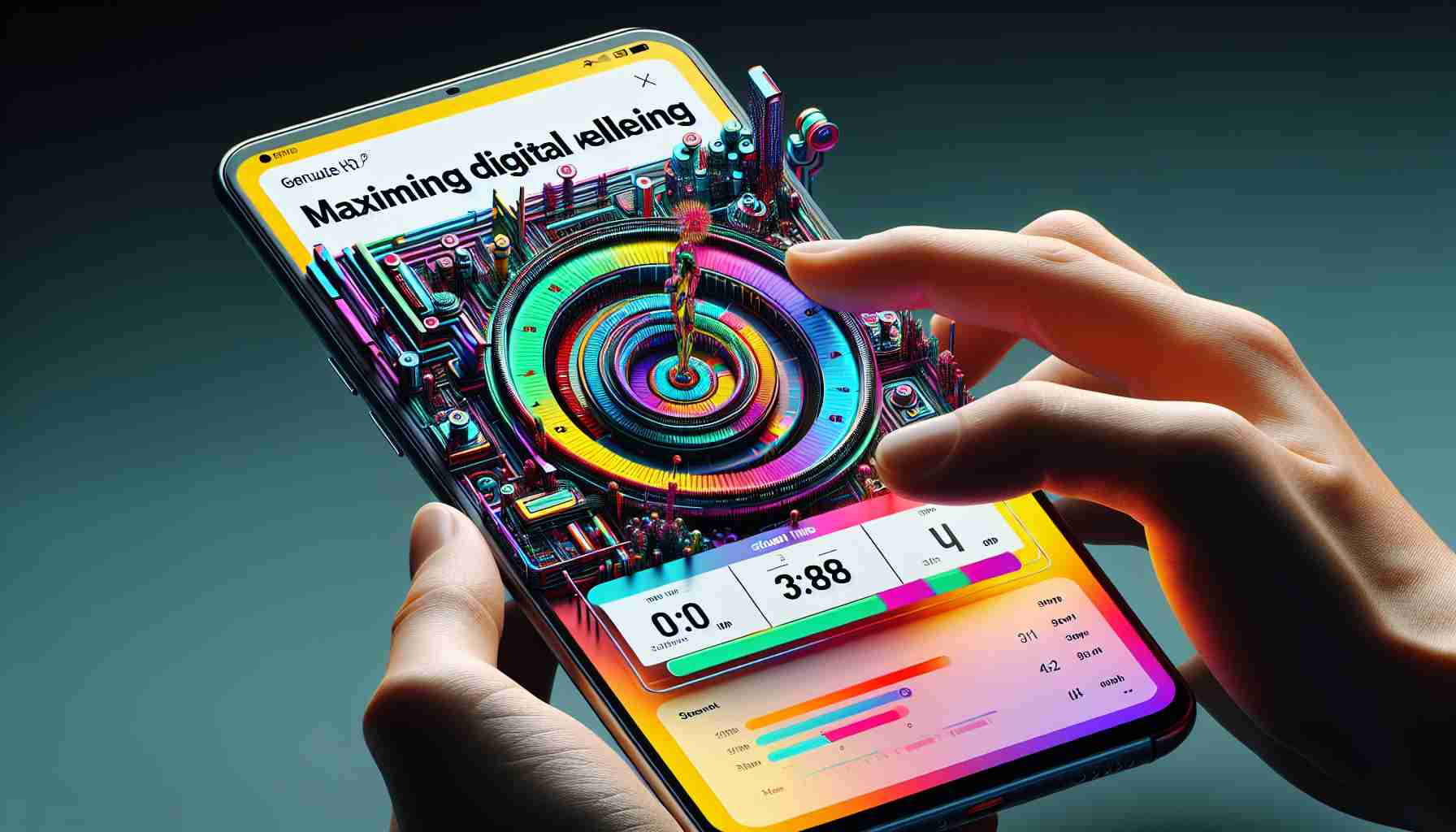 Generate a photo-realistic HD image that encapsulates the concept of maximizing digital wellbeing. The shot is carefully staged to show the functionality of tracking screen time on a popular line of smartphones, understood to be from a prominent South Korean electronics company. The frame should illustrate an application measuring screen time on the phone's screen, with vibrant colors and sharp resolutions highlighting the phone's design and technological capabilities.