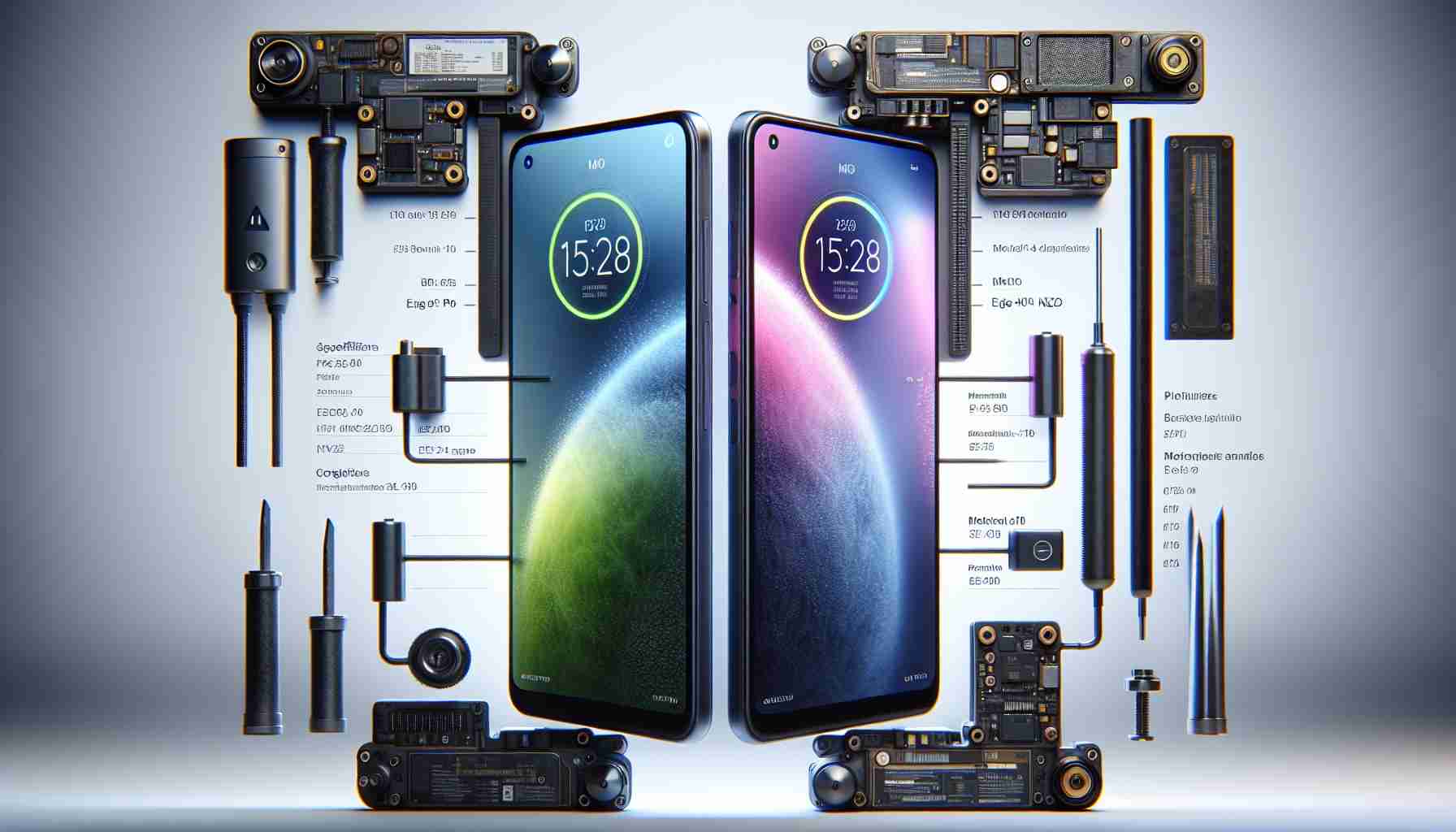 Generate a realistic, high-definition image comparing the specifications of two concept smartphones. The first smartphone is similar to the Motorola Edge 50 Pro, boasting advanced features and contemporary design. The second similar smartphones to Motorola Edge 40 Neo, known for its own unique specifications and design aesthetics. The comparison should be visually detailed and clear, presenting the differences between the two models in a user-friendly format.