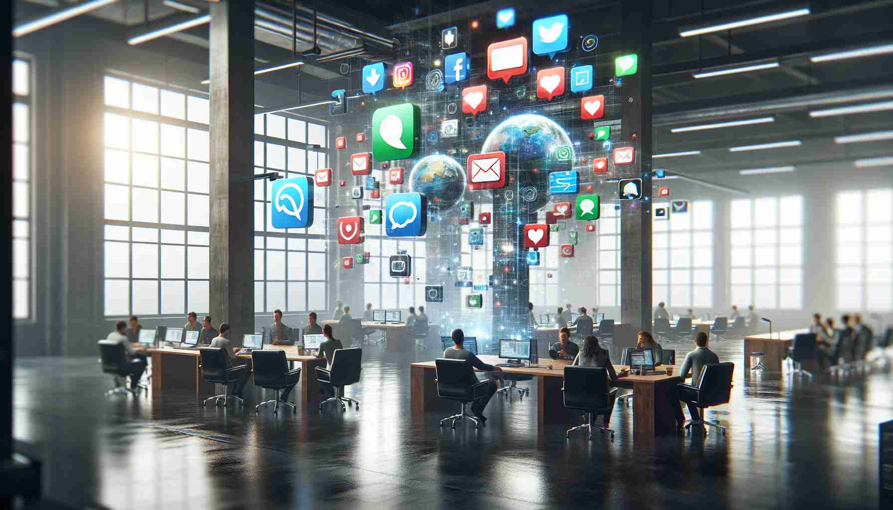 Realistic HD photo of a generic tech company headquarters, subtly indicating a tense atmosphere, with virtual icons of popular messaging apps disappearing or being removed.