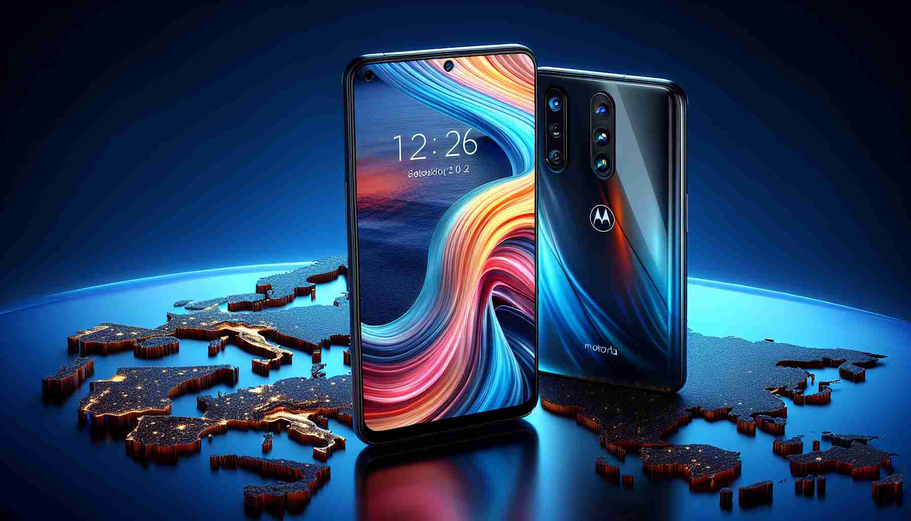 Generate a highly detailed, high-definition image of a mid-range smartphone model, 'Edge 50 Pro'. The smartphone should be associated with the brand name Motorola and positioned in a way that it reflects its potential to conquer the European market. Show the sleekness and innovative design of the phone, emphasizing its distinctive features and cutting-edge technology. Please also include the European continent or recognizable European landmarks in the background to emphasize the intended market.