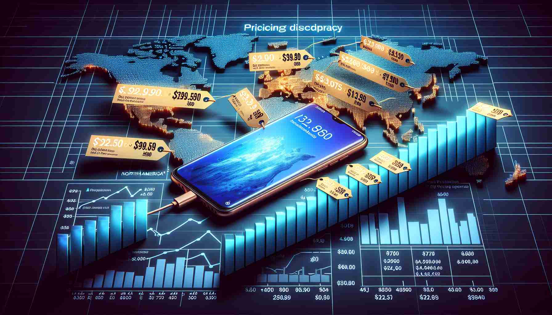 A high-definition image portraying the pronounced pricing discrepancy for a popular smartphone brand's product in the international market, with comparative price tags shown across different continents like North America, Europe, Asia, and Africa. Display this with bar charts or line graphs for greater visual impact.