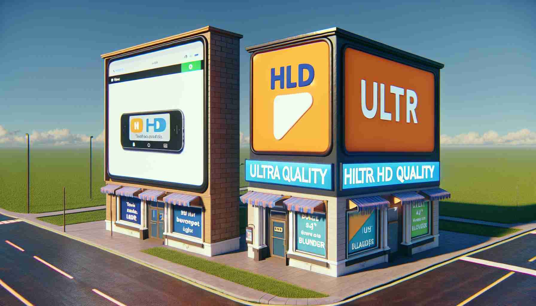 An ultra HD quality, realistic depiction of a whimsical back-and-forth between two fictional tech giants represented as storefronts. The first storefront displays an advertisement that appears to be a blunder, while the neighboring storefront responds with a humorous, playful sign, drawing on the situation.