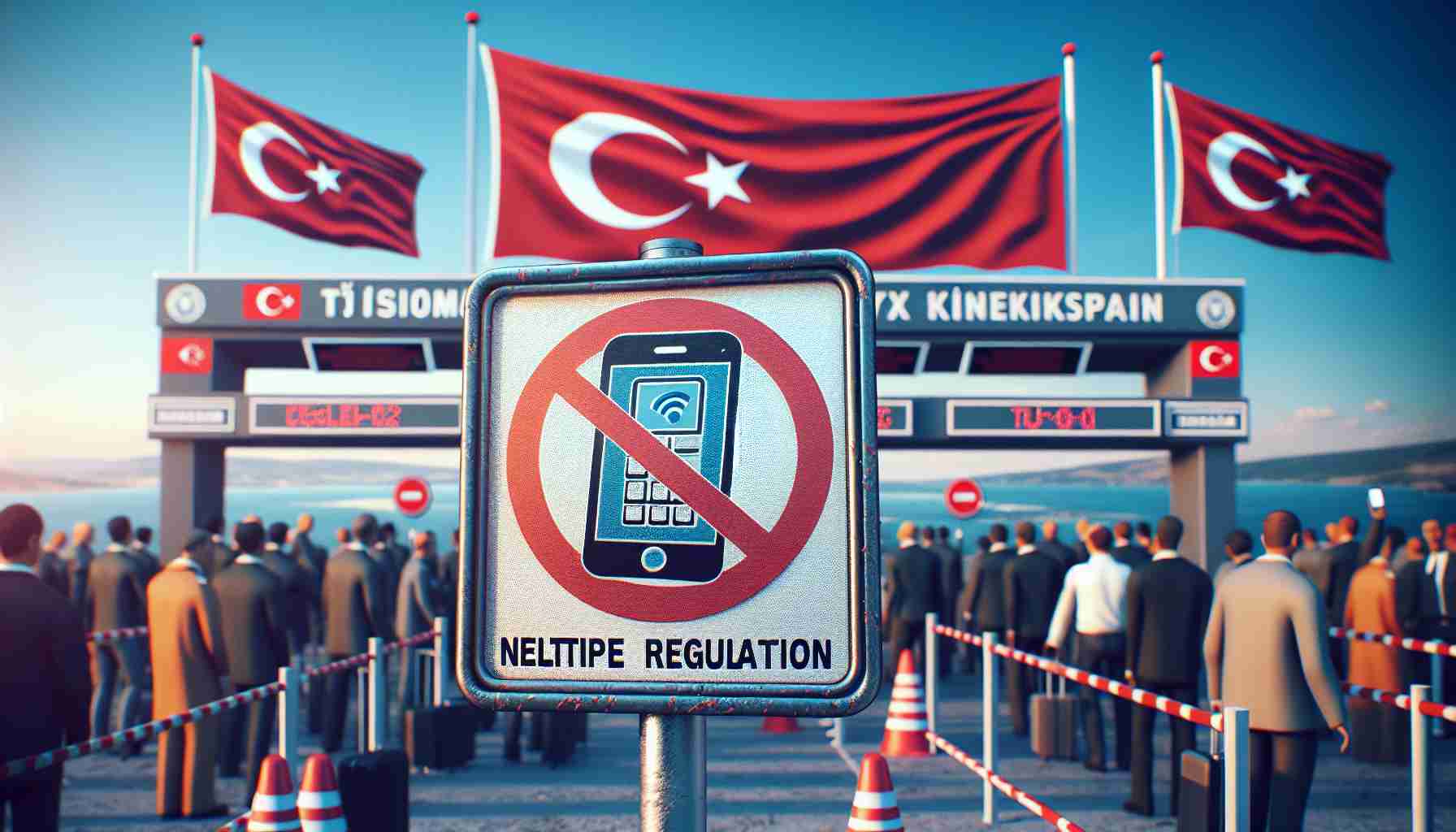 Generate a high-definition, realistic image representing the concept of a new regulation restricting the entry of multiple mobile phones into Turkey. The scene should include a sign at a customs checkpoint mentioning the new rule. The sign might display an icon of a mobile phone with a prohibitive sign and text that reads 'New Regulation: Multiple Mobile Phones Restricted'. The background could show the national flag of Turkey subtly waving and a busy customs area with people of varying descents and genders.