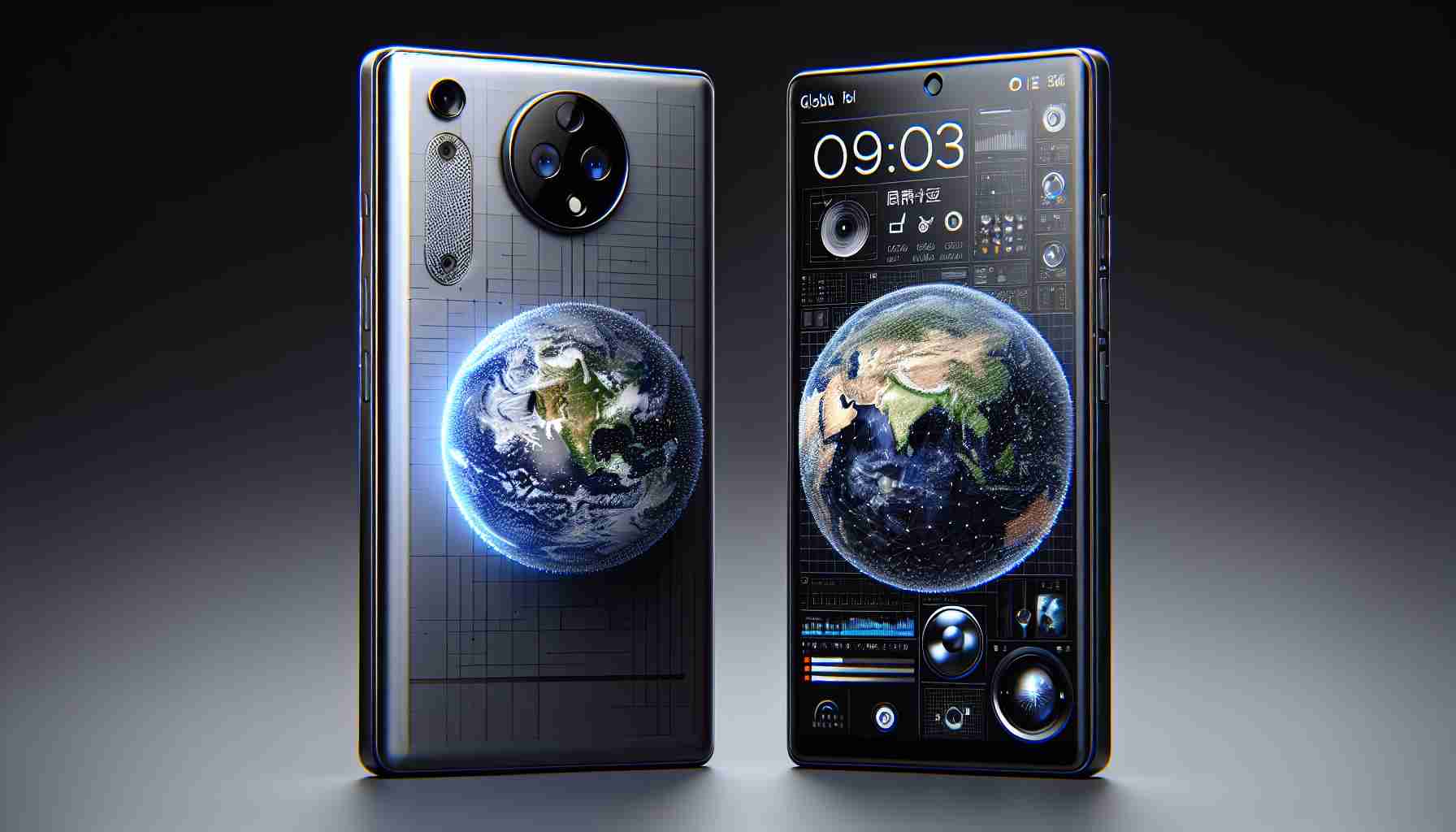 A high-definition, realistic image of a global-series mobile phone with striking similarities to the design elements of popular Chinese phones, known for their sleekness, large touchscreen displays, durable build, and sophisticated camera technology. Note the integration of global maps or globes as part of the design aesthetic to emphasize its global presence and appeal.