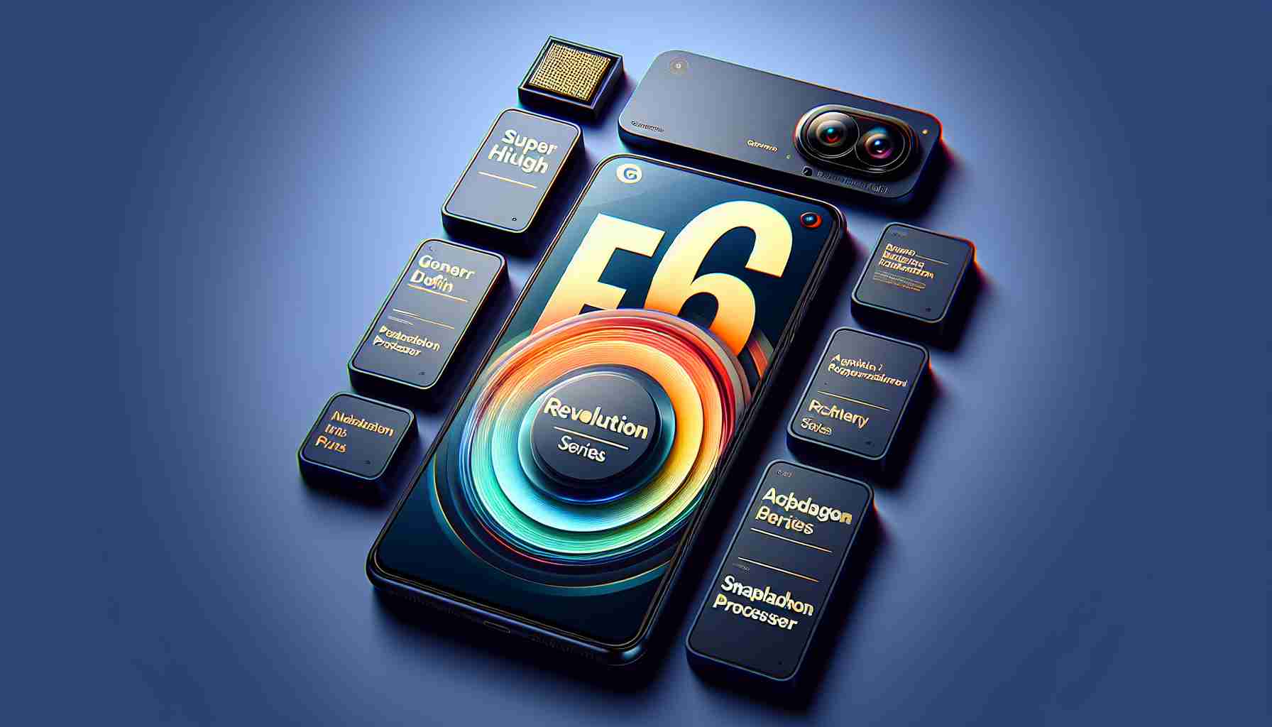 Generate a super high-definition, realistic image of a generic modern smartphone series, labeled as the 'F6 Series'. The design should communicate a sense of revolution in the Pakistani market with prominently displayed features such as an advanced Snapdragon processor. The phones should exude high quality and cutting-edge technology.