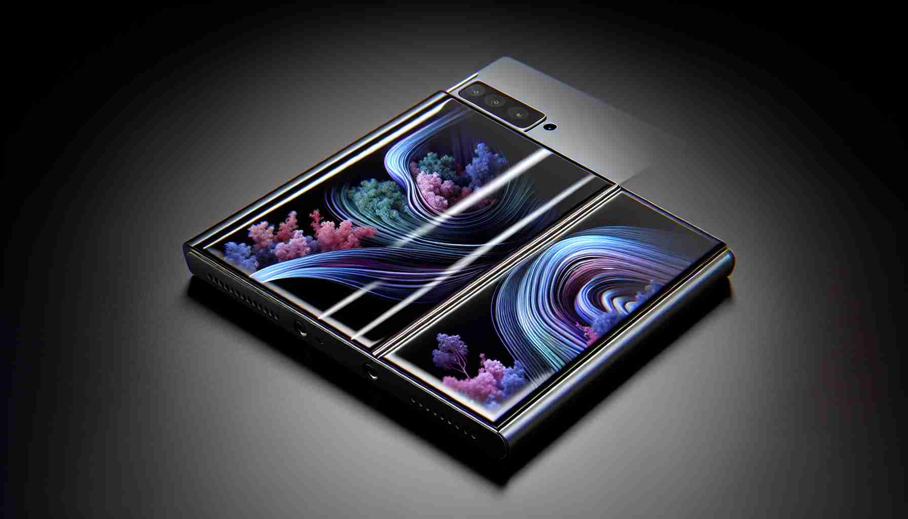 Generate a photorealistic HD image of a new clamshell style smartphone, envisioned to be the upcoming model in the 'Mix' series from a notable technology company. Highlight its sleek and modern design, with a focus on functionality and aesthetic appeal.