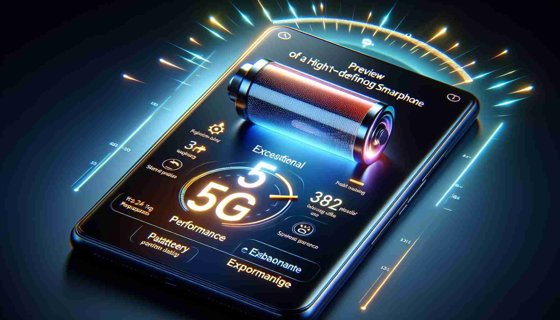 Realistic image offering a preview of a future model of a high-definition, modern 5G smartphone. The design showcases an impressive battery capacity symbolized by a large battery icon, and exceptional performance indicated by a fast-moving speedometer icon. The enthusiastic anticipation related to the device is reflected through brighter lighting and an upbeat mood.