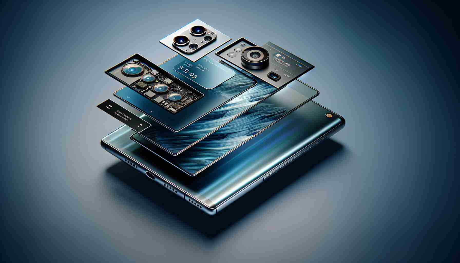 A realistic, high-definition illustration of a futuristic smartphone series showing off premium specs. Envision detailed depictions of an edge to edge display, multiple rear cameras, a sleek design with a metallic finish, and other advanced features usually associated with high-end phones.
