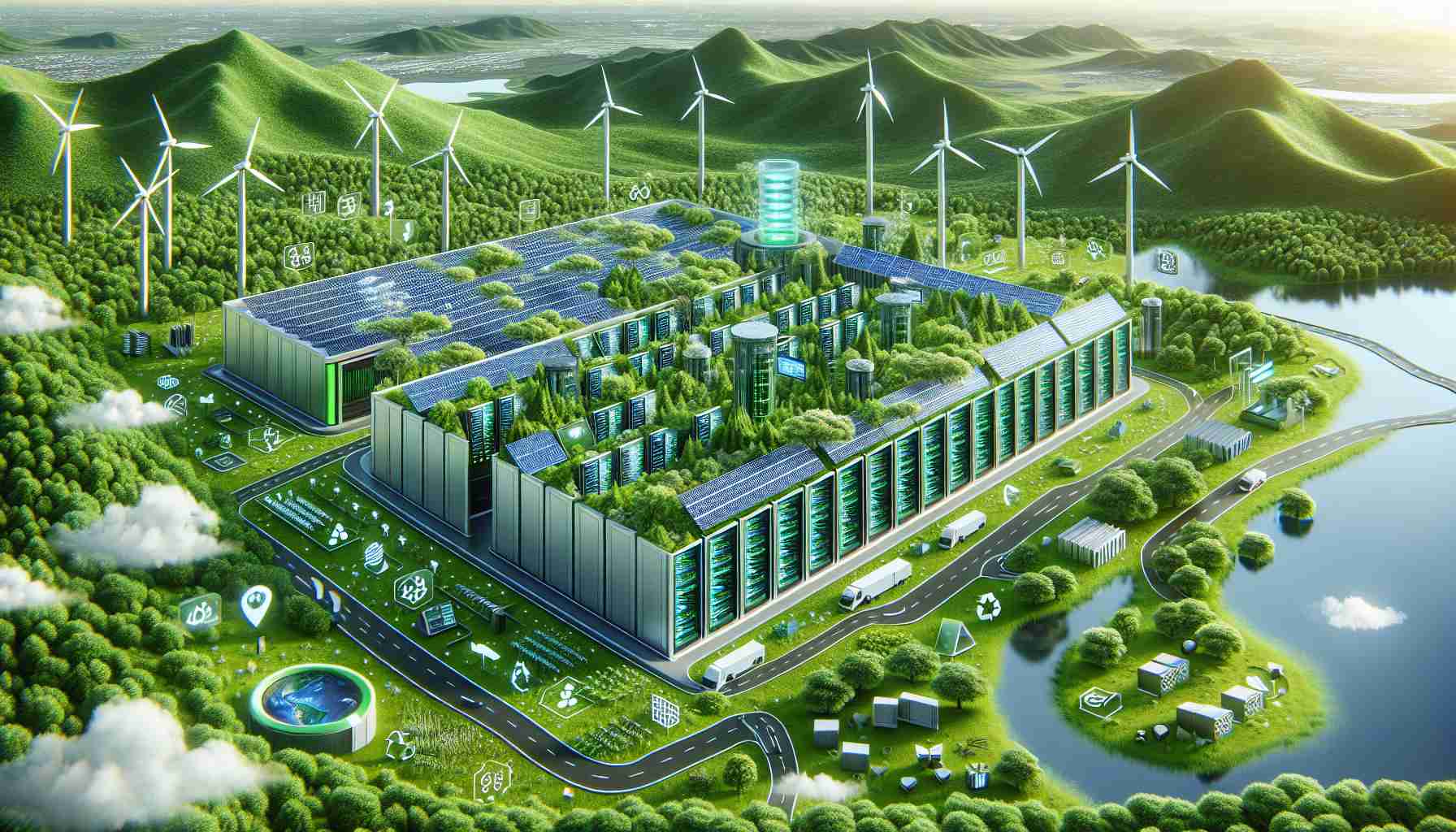 Create a detailed, high-definition image that depicts the concept of sustainable data centers in the future. The image should include renewable energy sources, such as solar panels and wind turbines, powering a modern data center situated within a lush, green landscape. Key elements in the data center could show energy-efficient servers and advanced cooling systems. The landscape around the data center should reflect a harmonious relationship between technology and nature. Visual indicators of environmental sustainability, such as recycling points, electric vehicles, or biodiversity hotspots, might also be included to exemplify the future-driven, eco-friendly theme.