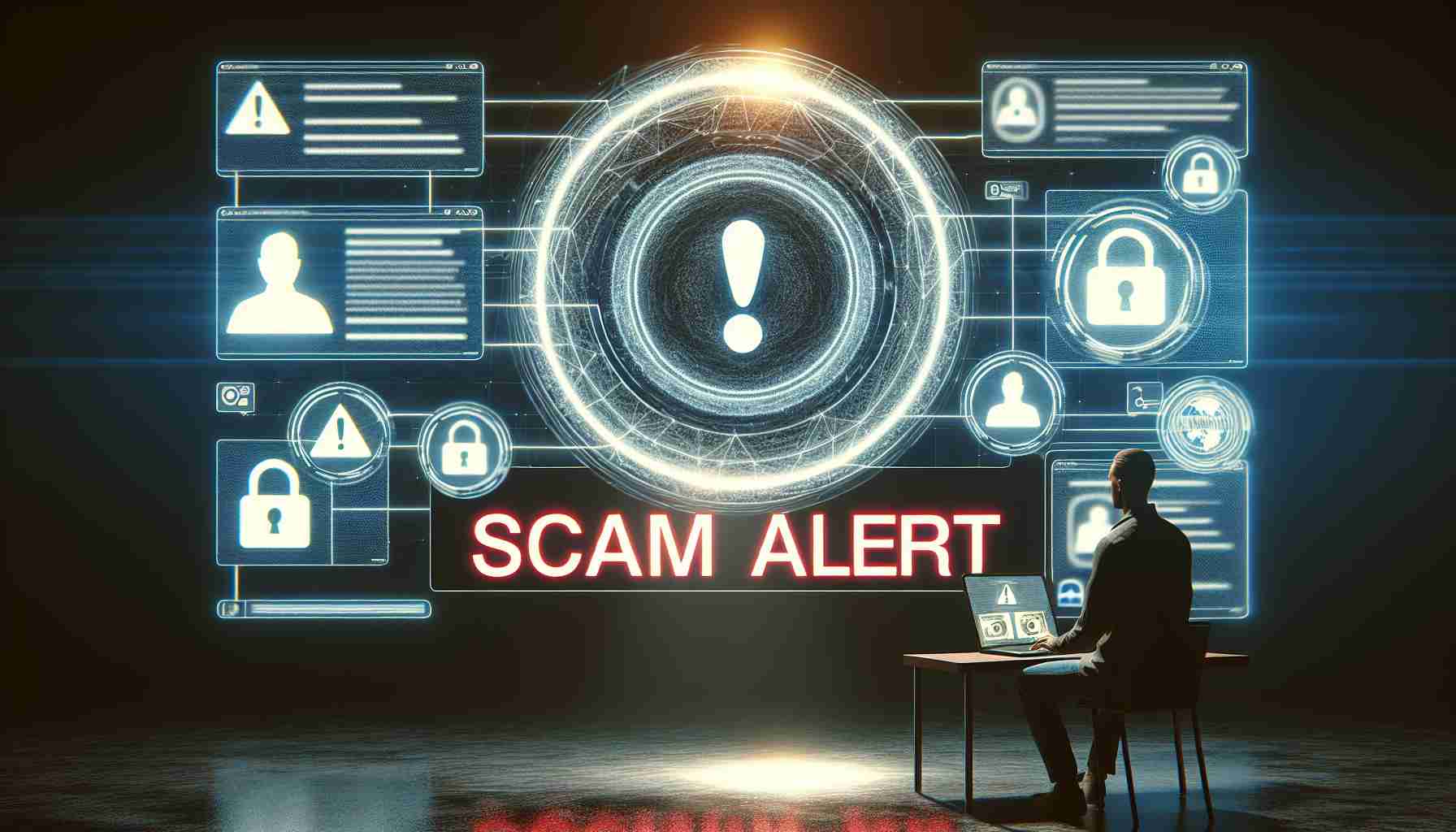 Generate a High definition realistic image that portrays a warning about scams targeting social media users. The image could include symbolic elements such as a symbolic social media icon being circled by a scam alert sign, or a person looking concerned at a screen displaying a scam message. The image should be designed in such a way that it raises awareness about the potential risks and dangers of social media scams.