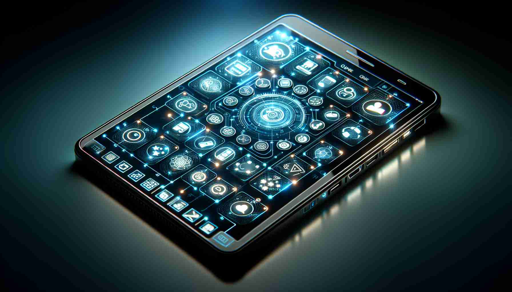 Generate a realistic, high-definition image of a contemporary handheld device, showcasing a multitude of new and exciting features. The device should have a sleek, modernistic design reminiscent of leading technology companies. It should display on its screen an array of icons representing innovative functions and features not seen before, glowing brightly against a dark background. The image should capture the sense of innovation, cutting-edge technology, and user-friendly interface that these new features represent.