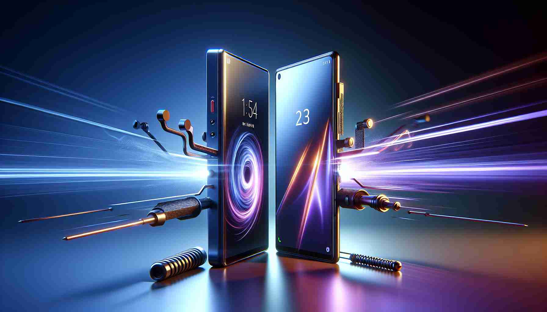 A high-definition, realistic image of two generic smartphones engaged in a design and performance comparison. The first smartphone has the aesthetics and features akin to a high-end piece, with a sleek, modern design, and the second smartphone boasts advanced performance attributes that make it a tough competitor.