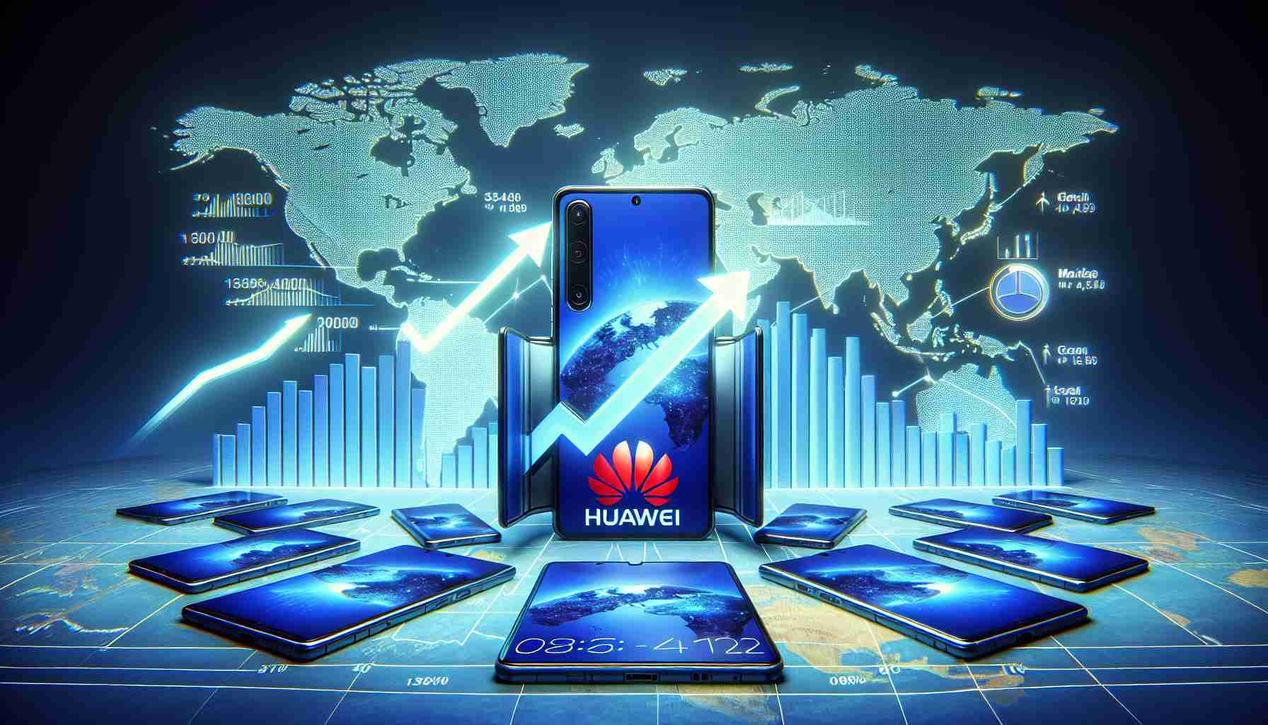 A high-definition, realistic image representing the concept of Huawei rising to prominence in the global market of foldable smartphones. Picture an international map as the background, overlaid by foldable smartphones with Huawei's logo. The phones should be prominently displayed, increasing in size and number to capture the idea of growth and dominance. Display charts indicating growth in sales volume and market share, with Huawei leading against unspecified brands. The image should effectively communicate a positive, dynamic, and growing presence of the brand in the global market.