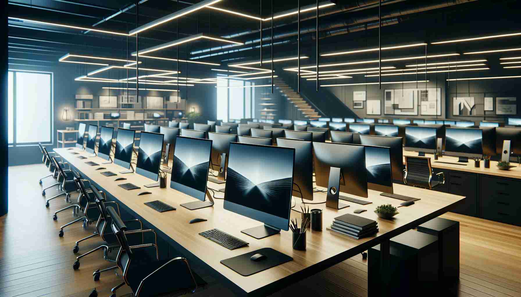 Generate a realistic high-resolution image depicting a modern workspace. The workspace is elevated both in aesthetic and functionality, featuring a collection of state-of-the-art computer monitors from an unnamed major technology manufacturer. These monitors have sleek designs, boast high-resolution display, and are strategically arranged to optimize productivity. Hints of minimalistic office decor not detracting from the focal point of monitors. Note: The brand of the monitors is not specified in the scene.