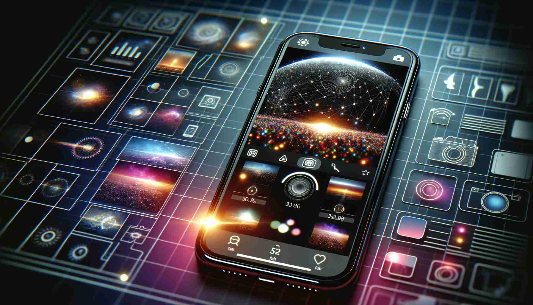 Generate a high-definition, realistic image portrayal of an illuminated screen displaying the home interface of a newly launched, advanced mobile photography application for IOS devices