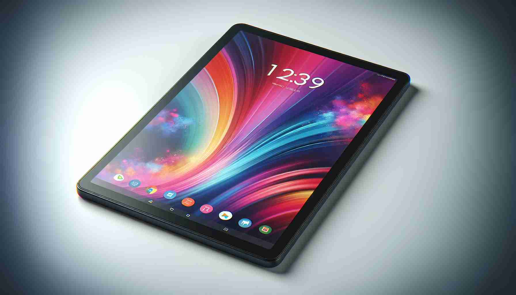 A realistic high definition image of a generic black tablet with a clean, slick design, displaying a vibrant, colorful interface on its screen. The tablet is designed for entertainment, with high-quality speakers visible at the top and bottom. Its slim, light construction makes it easy to carry, and the sharp resolution of its screen is perfect for watching movies or playing games.