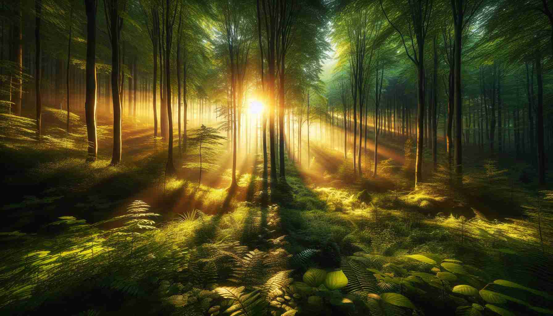 Realistic high-definition scenery of a lush green forest during sunrise, the golden sun rays breaking through the dense foliage creating a beautiful play of light and shadow on the forest floor.