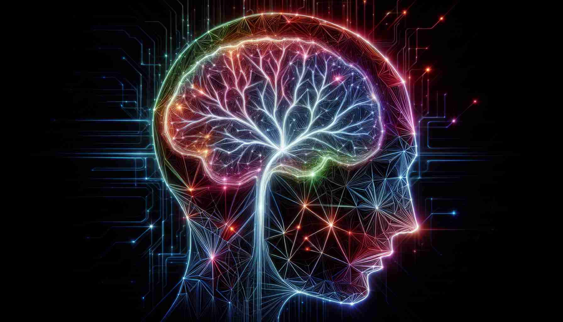 Create a Realistic HD photo of an AI model, stamping a new era of sophisticated naming conventions. It's represented as a complex network of shimmering holographic neon lines, forming a mental model of an AI brain in a dark soothing backdrop.