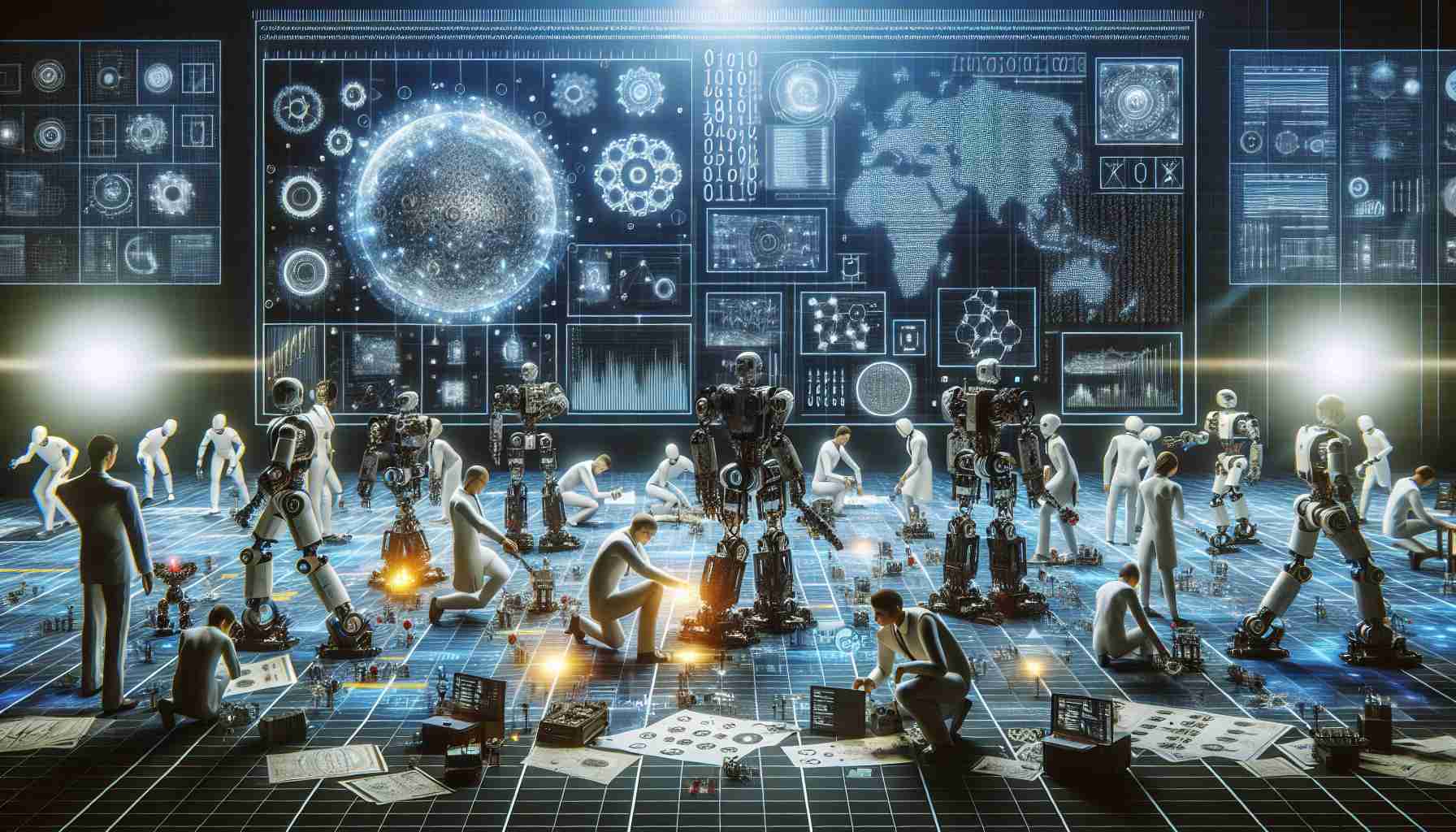 A high-definition, realistic image demonstration of a groundbreaking event related to artificial intelligence: a group of robotic engineers, diverse in descent and gender, successfully tackling arduous challenges. The scene includes robots intricately designed and engineered, displaying advanced techniques and sophisticated algorithms as they surmount complicated tasks. The environment is filled with engineering tools, plans, and schematics scattered around, while binary codes run in screens showcasing the realm of artificial intelligence.