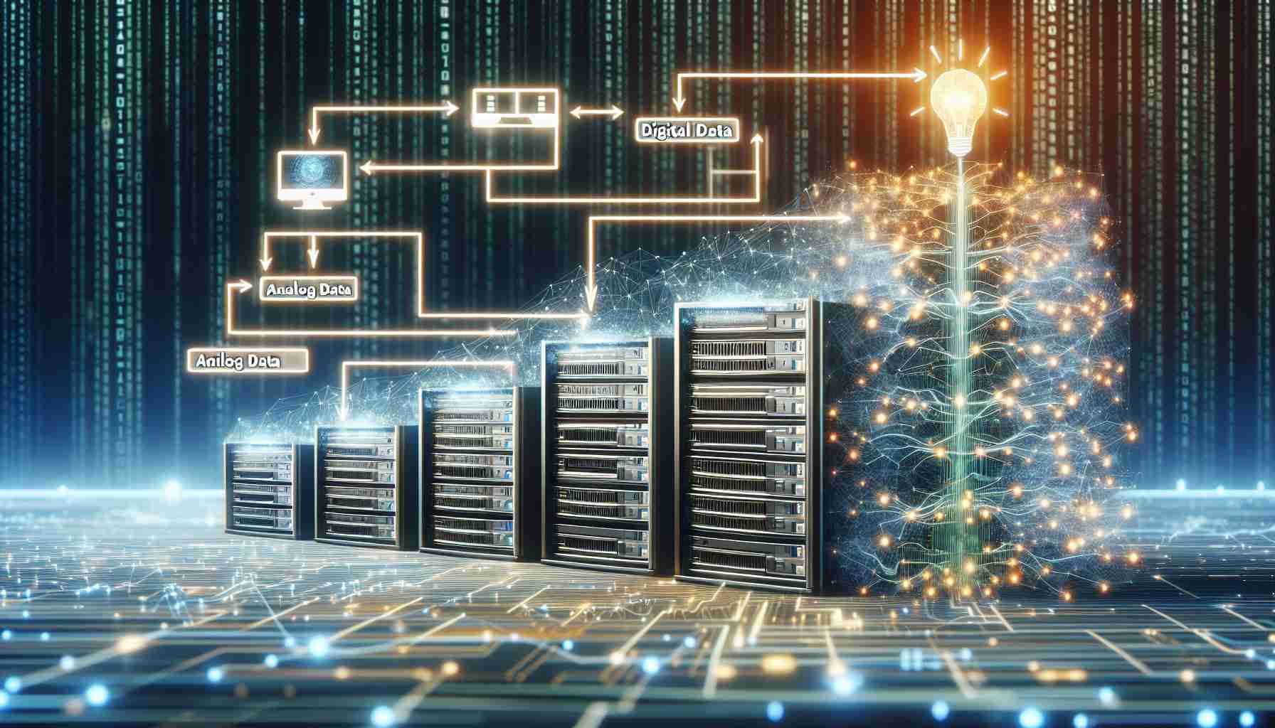 A high-resolution, realistic image showing the concept of the changing landscape of artificial intelligence data collection. Visualize an array of computer servers interconnected with glowing lines symbolizing data flow. Beside it, a flow chart representing the evolution process, with stages like 'analog data', 'digital data', to 'AI data analysis'. The background could be an abstract binary code matrix, representing the digital world.