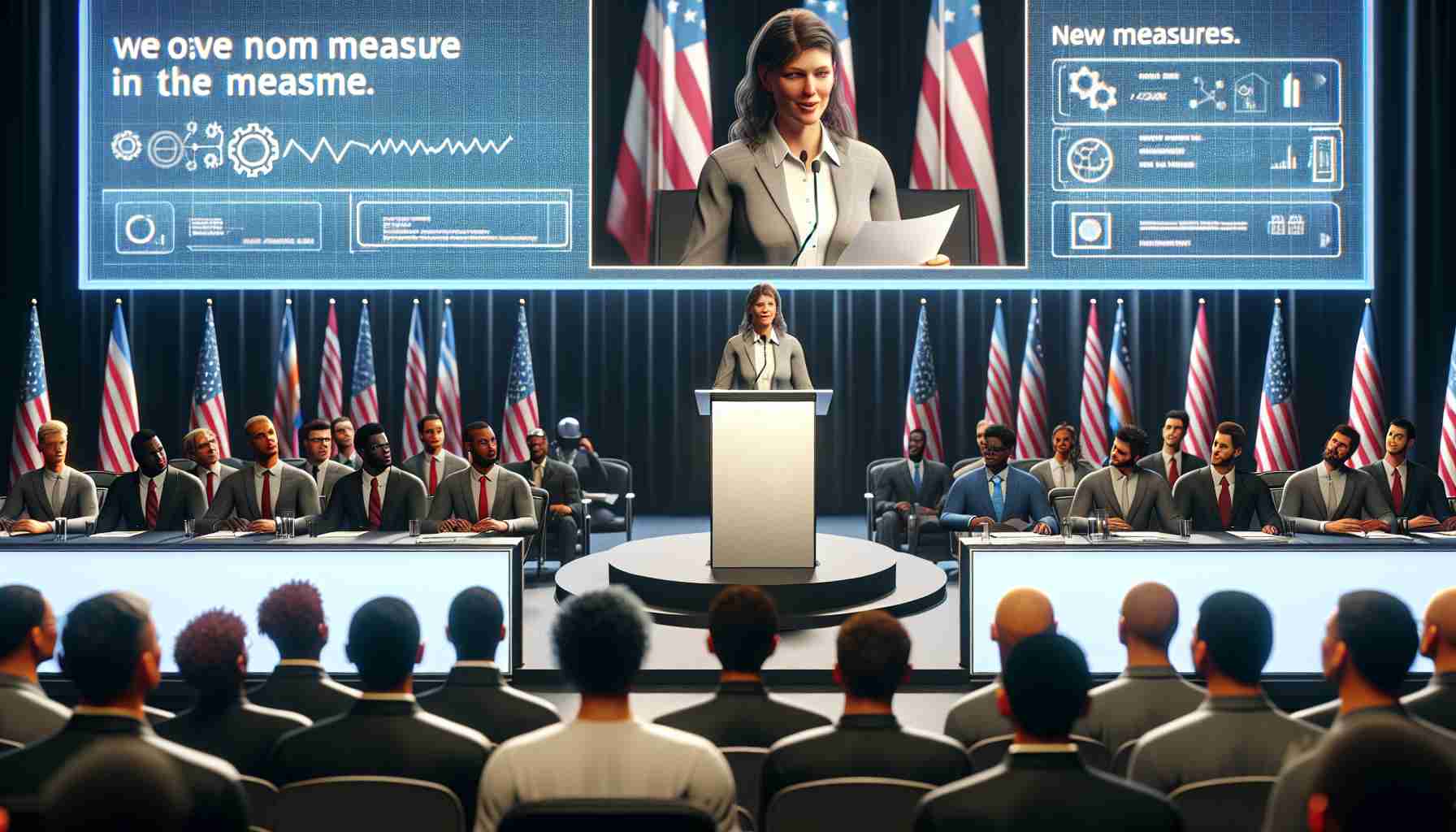 High definition realistic image of a mock government panel, including a Caucasian female politician delivering a speech about new measures in the tech industry. She stands on a stage with a background of flags, and in front of a large screen showing the title of the measure. Various tech professionals are in the audience, including black male software engineers, Middle-Eastern female tech entrepreneurs, and South Asian male data scientists. Visible on a table next to her are a few documents symbolizing the new measures.