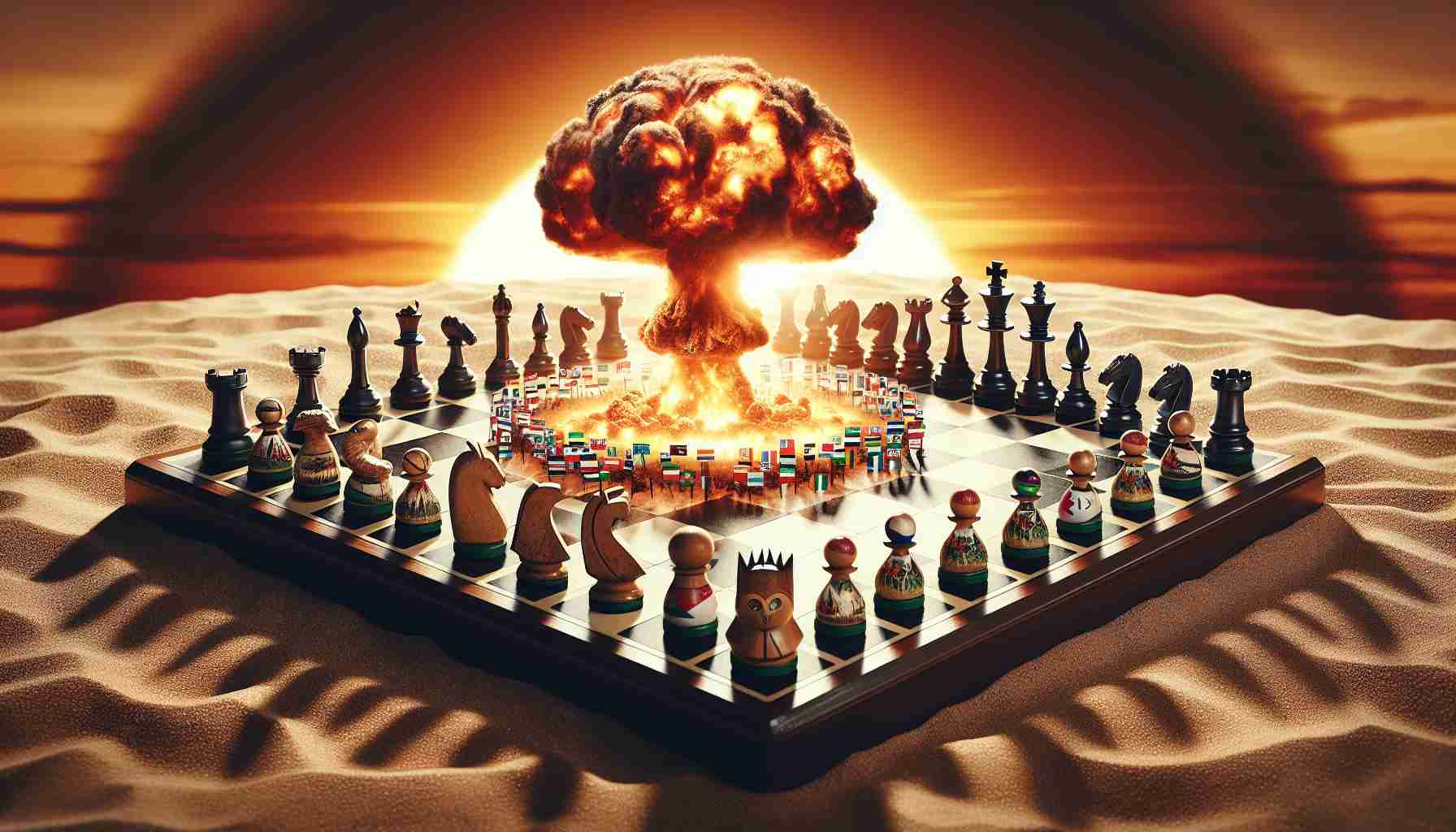 High-definition realistic image depicting a symbolic eruption of conflict in the Middle East. Show a magnified chessboard with individual pieces made from pastoral elements to represent various regions. The chessboard is placed on a sandy ground, the sunset is in the background creating an orange hue, signifying the growing tension. In the midst of the action, a pawn piece symbolizing peace is toppled over.