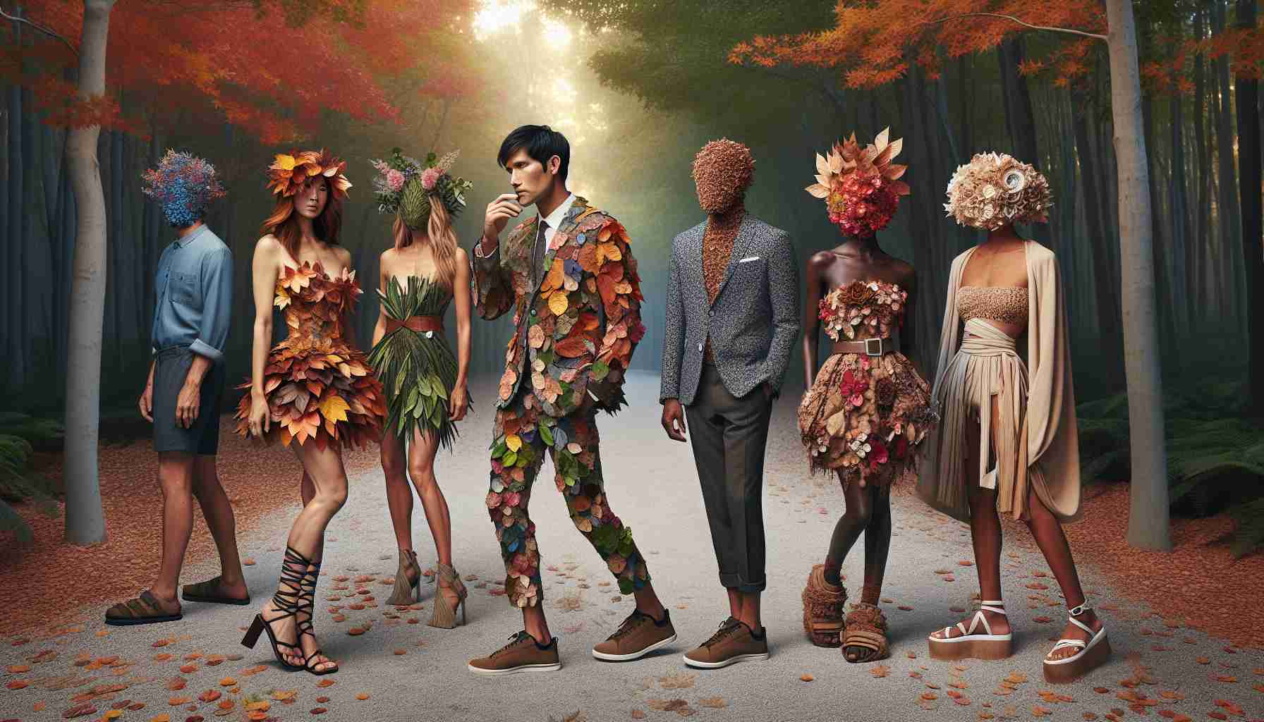 High definition, photo-realistic depiction of several anonymous individuals indulging in nature-inspired fashion trends. The group includes an Asian woman wearing a dress made of autumn leaves, a Caucasian man in a suit inspired by the patterns of a forest canopy, a South Asian woman donning a floral headdress, a black man in an outfit influenced by the colors of a desert sunset, and a Hispanic woman wearing sandals made from repurposed tree bark. The environment around them should be vibrant, illustrating the harmonious connection between their attire and nature.