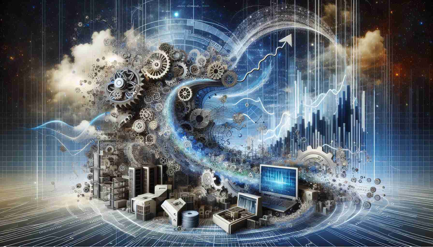 A high-definition, realistic representation of the concept 'Revolutionizing the Tech Market Landscape'. Perhaps an intertwined mix of gears, code snippets, and abstract shapes that appear to be dynamically shifting, symbolizing advancement and upheaval. Technology products like computers, smartphones, data servers may be included. A backdrop symbolizing a market, such as a graph with upward trends, may fill the background. The colorscheme may contrast between futuristic silver and blue tones and traditional market warm hues. The whole scene can be set amidst a serene cosmic space, symbolizing an infinite realm of possibilities.