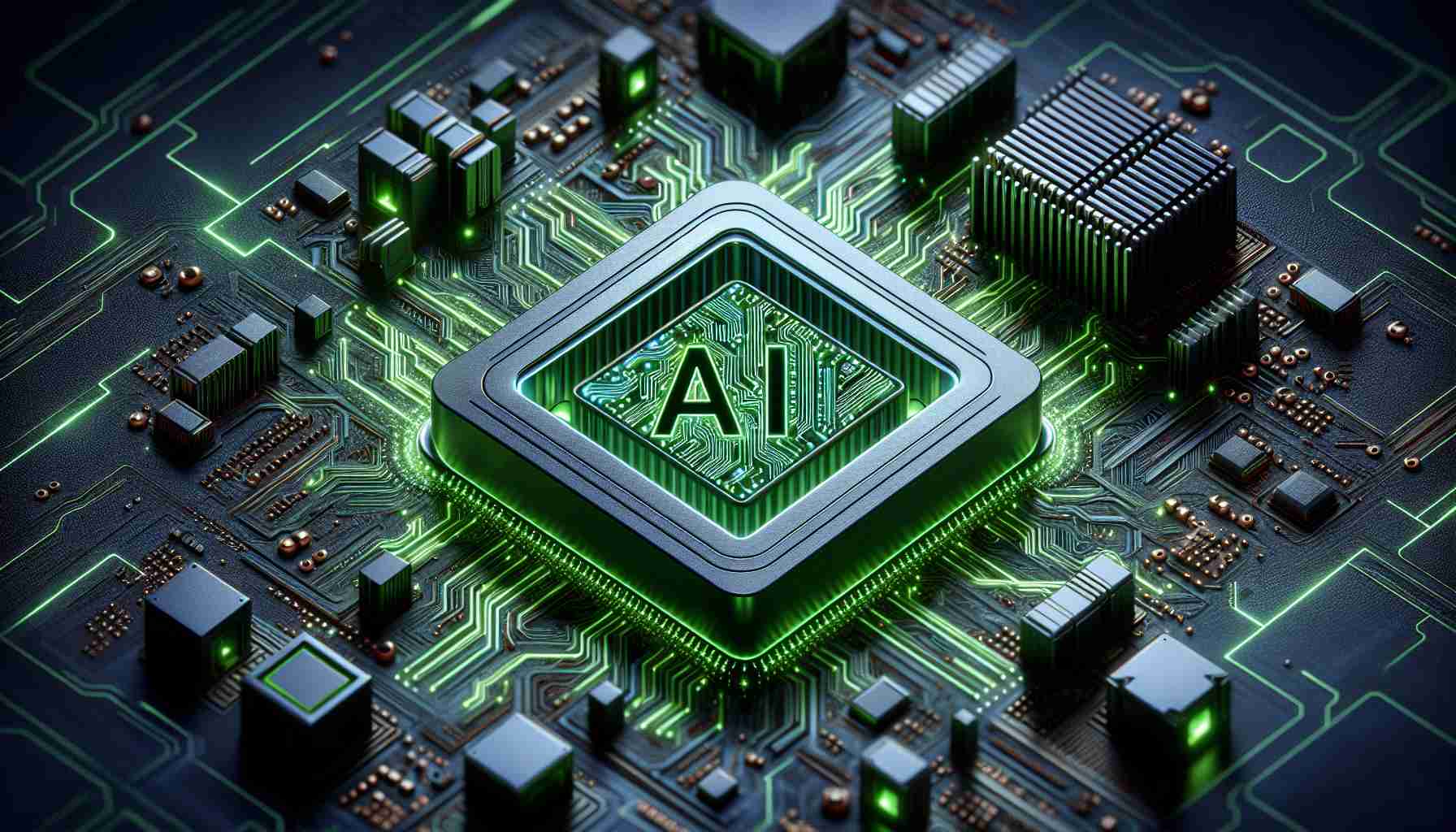 Detailed, realistic, and high-definition image representing the concept of 'Revolutionizing AI Computing'. It should include representational elements such as a futuristic artificial intelligence interface or AI symbol, complex circuit board patterns that resemble a cityscape for depicting high-performance computing, embossed with green light to symbolize Nvidia. Please note no logos should be present.