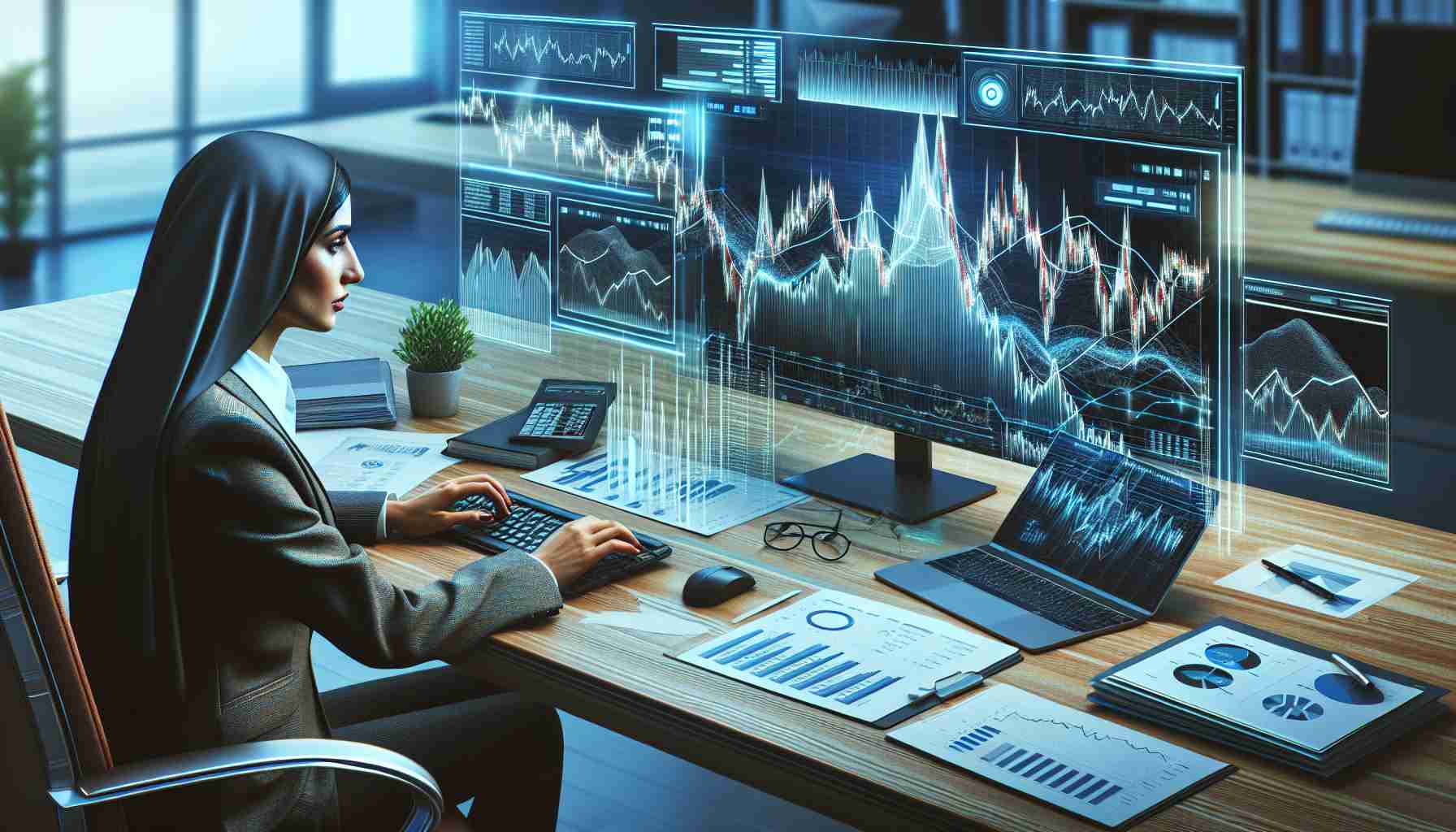 Generate a realistic, high-definition image illustrating the concept of an investment expert advising caution in the tech sector. Make the expert a Middle-Eastern woman, who is studying a computer screen that displays charts and graphs showing a volatile technology market trend. She is in a modern office setting, wearing a suit, sits at a desk filled with various business documents and financial reports. A significant downturn in one of the graphs compels her to consider the current investment risks associated with the tech sector.