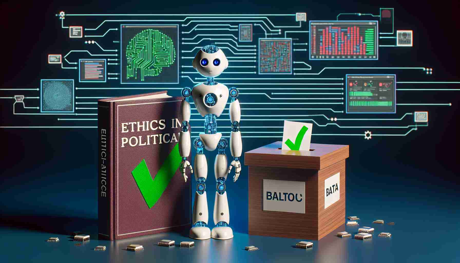 Create a high-resolution photo rendering of a concept that represents the ethical use of artificial intelligence in political campaigns. This could depict a scene where a robot is learning from a book titled 'Ethics in AI', a ballot box surrounded by circuits to signify algorithmic decision-making, data analytics on a screen showing fair and unbiased representation, and a green checkmark indicating compliance with ethical guidelines.