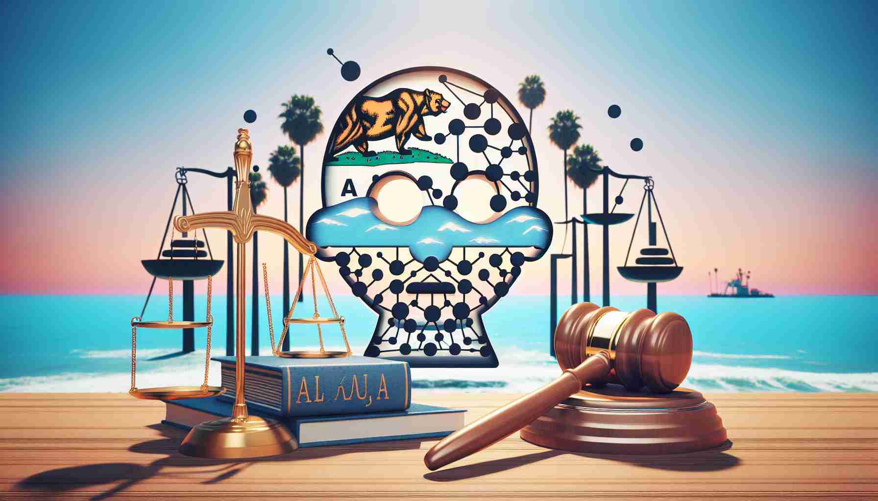 Construct a high-resolution image depicting California's progressive response to AI legislation. In the image, depict a symbolic representation of AI such as an abstract symbol or icon, combined with the traditional symbols of law and legislation like a gavel, scale, or law books. Set against the iconic California backdrop of palm trees and ocean. Please maintain a realistic style throughout the rendering.