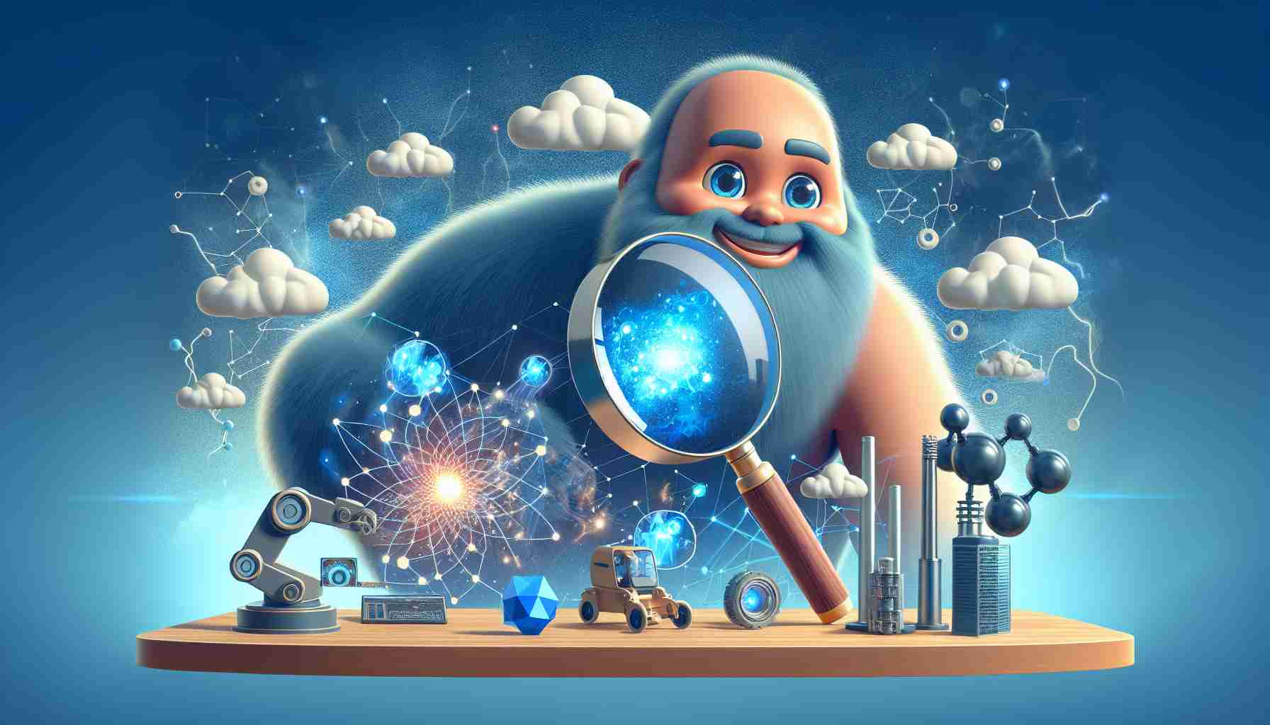 An illustrative high-definition image symbolizing investment in futuristic technology, denoted by a large technology company. The image foreground should contain elements of advanced technology such as AI, robotics, and quantum computing. In the background, a playful gentle giant, metaphorically representing the tech giant, could be watching over these technology symbols while holding a magnifying glass.