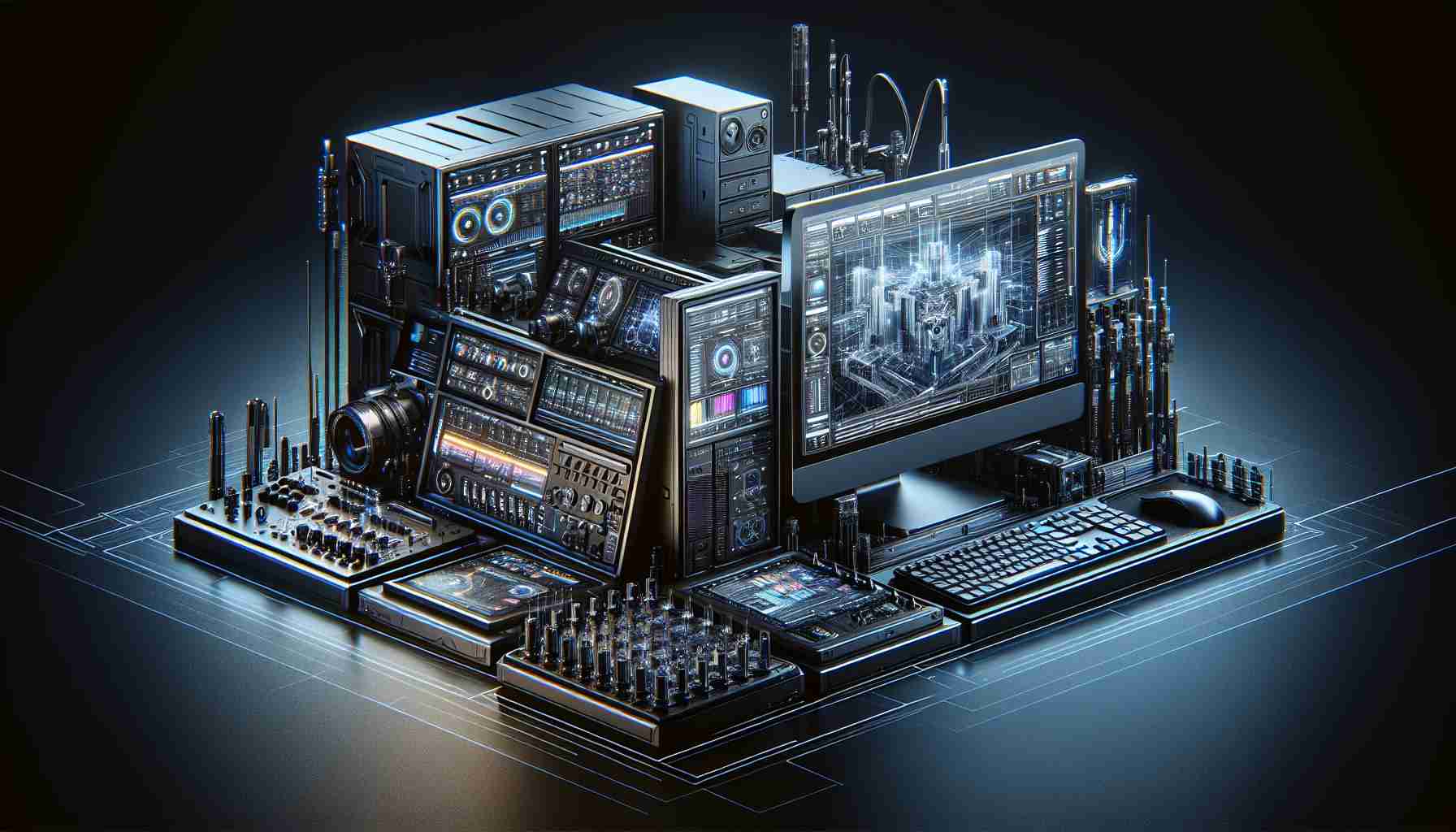 A hyper-realistic, high-definition image showcasing the epitome of modern technology in the realm of visual creation. This should include cutting-edge equipment used in digital artistry, visual effects software interfaces, a high-tech computer with multiple monitors displaying various design tools, and any other gear utilized by contemporary digital artists. The equipment should have a sleek and modern aesthetic, indicating its advanced technological capabilities.