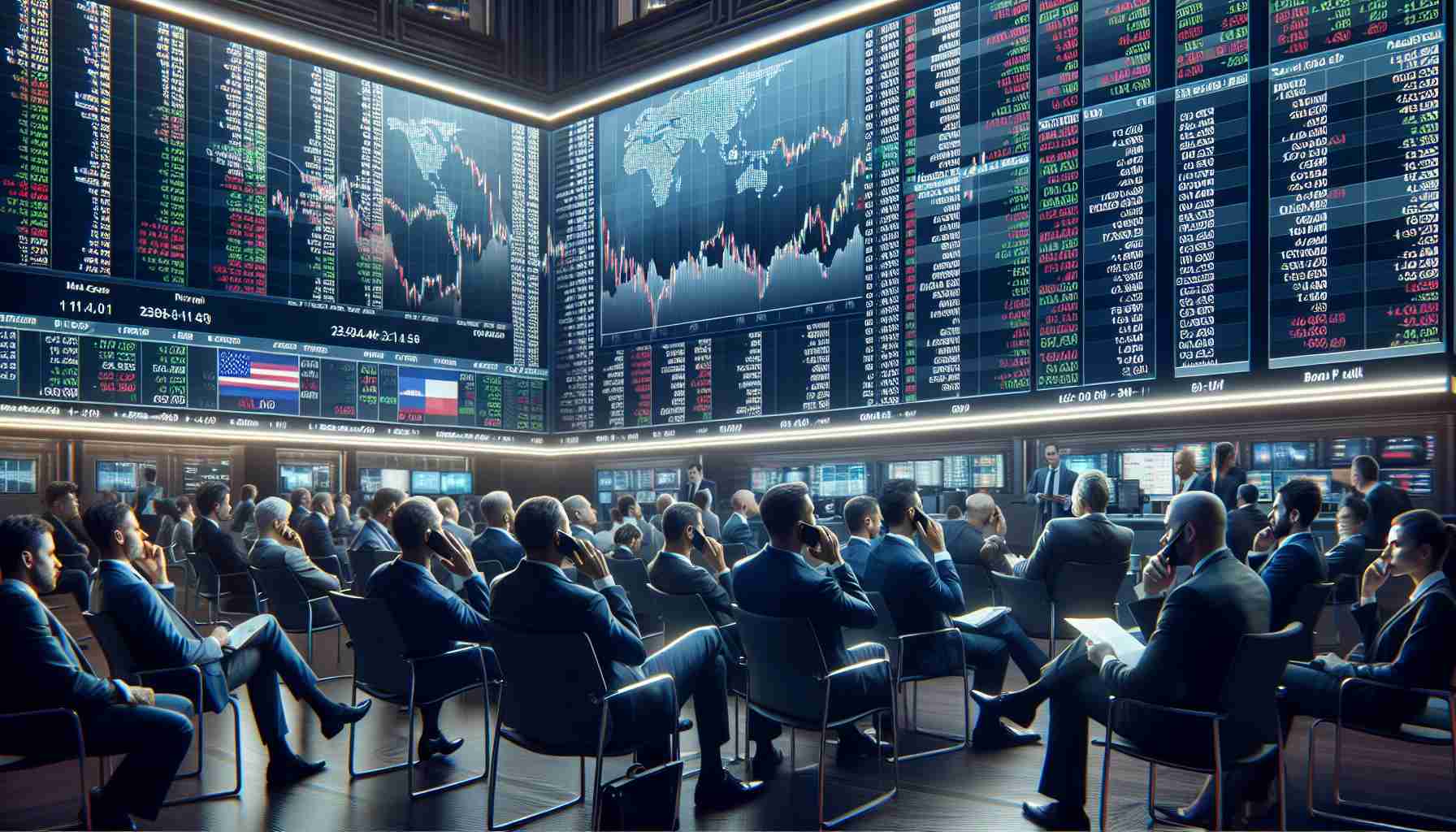 Create a high-definition, realistic depiction of a scene at a stock exchange where traders are eagerly anticipating the release of earnings reports. The screen displays a variety of international stock indexes, reflecting the current global tensions. The traders are a diverse group, with men and women from various ethnic backgrounds. They are tensely watching the screens, engaged in phone conversations, and discussing with each other, reflecting the high-stakes environment.