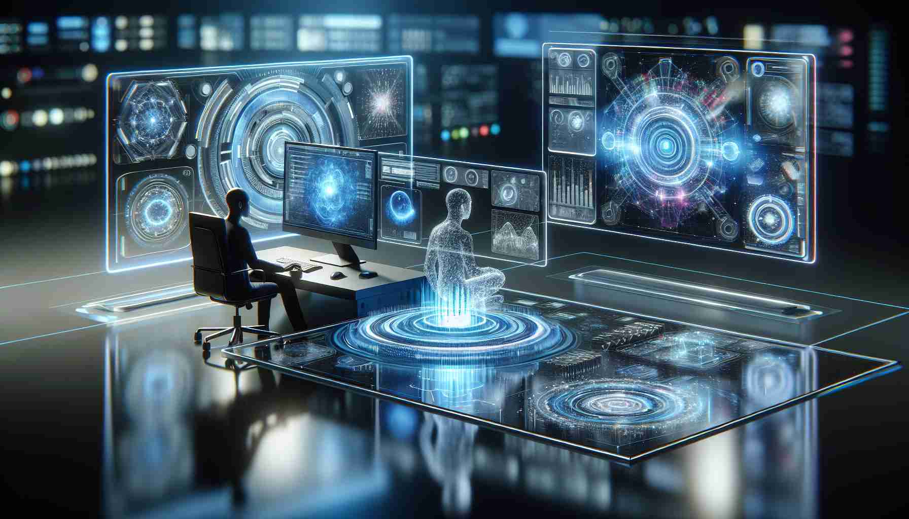 A high-definition, realistic image illustrating the concept of the future of Generative AI. This includes futuristic technology elements such as advanced computers and artificial intelligence systems, data visualization screens, and holographic interfaces. These elements could be displayed in a modern tech lab environment, with a human of any descent and gender, to represent the universal accessibility and inclusivity of AI, working on computers or interacting with the AI system.